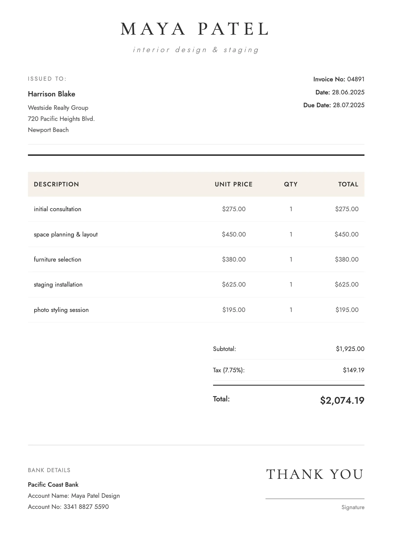 Interior Design Invoice