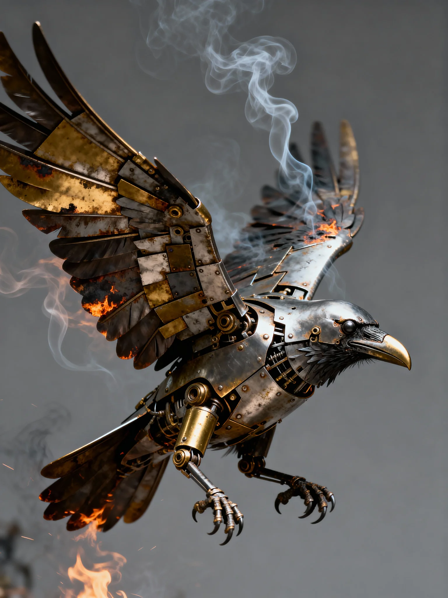 Photorealistic character portrait, a mechanical raven in mid‑landing motion, wings partially spread, rendered with sculptural elegance. Its body is a patchwork of burnished steel, aged brass, and wisps of smoke trails forming its silhouette. Each feather is meticulously detailed, showcasing a metallic patina with subtle heat distortion and burn marks. Dynamic flash photography lighting, f/2.8, creates sharp contrasts and highlights the intricate textures, with a subtle film grain adding depth. The background is a clean, blurred gray studio backdrop, emphasizing the raven's form and movement. Aesthetic of mechanical realism and raw power. No watermarks, no logos, no text.