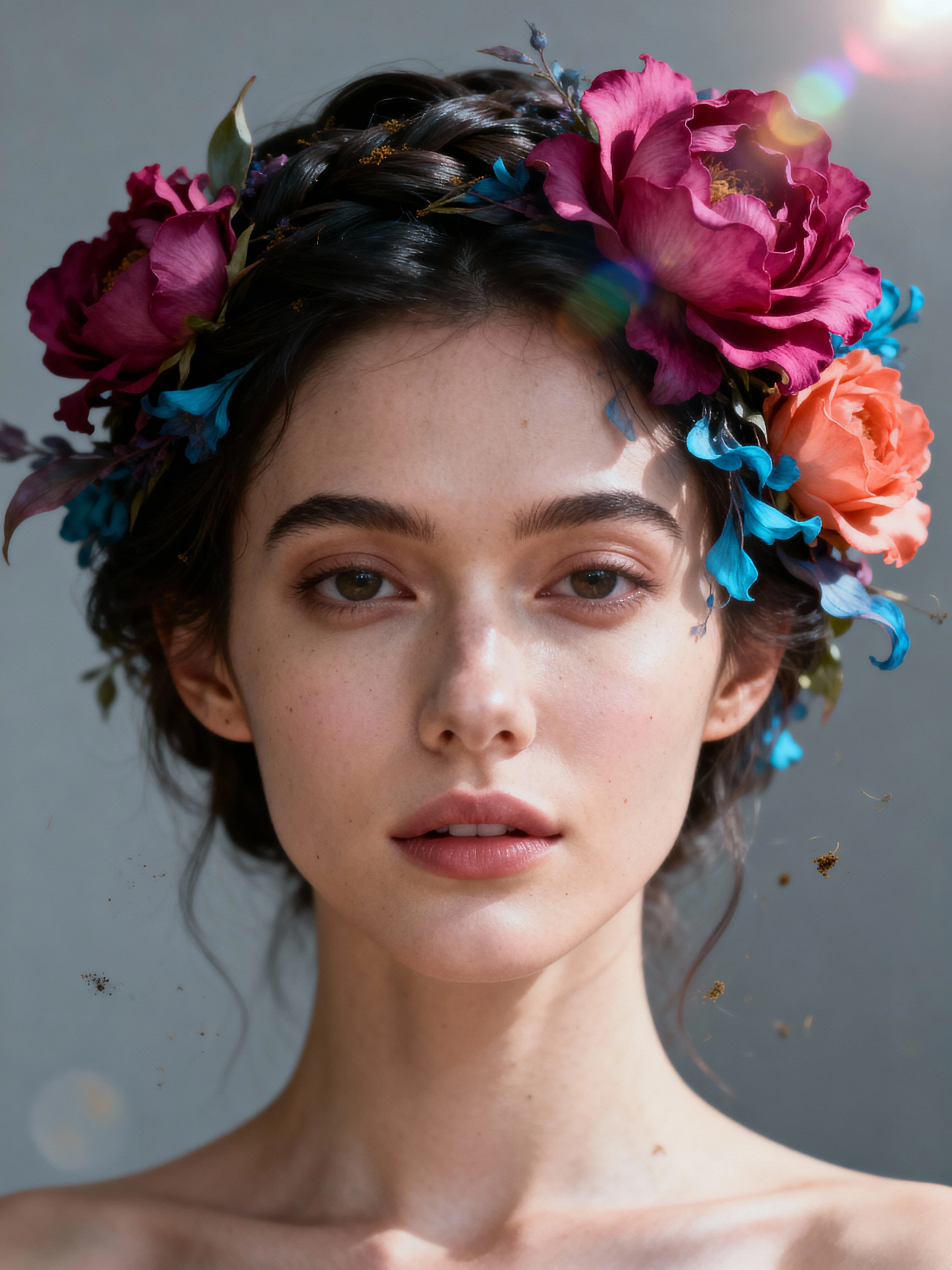 Photorealistic portrait, a woman with serene expression, delicate blooming flowers and vines subtly emerging from her loosely styled hair, soft daylight key light from camera right creating gentle shadows and highlighting skin texture, muted gray background with subtle gradient, ultra‑fine petal textures and realistic skin imperfections like subtle pores and faint freckles, a touch of pollen dust visible in the air, tasteful lens flare from a bright source just out of frame, shot on 85mm lens at f/2.0, shallow depth of field with creamy bokeh, eye‑level, centered composition, fine film grain, surreal yet lifelike aesthetic, no watermark, no logo, no text.