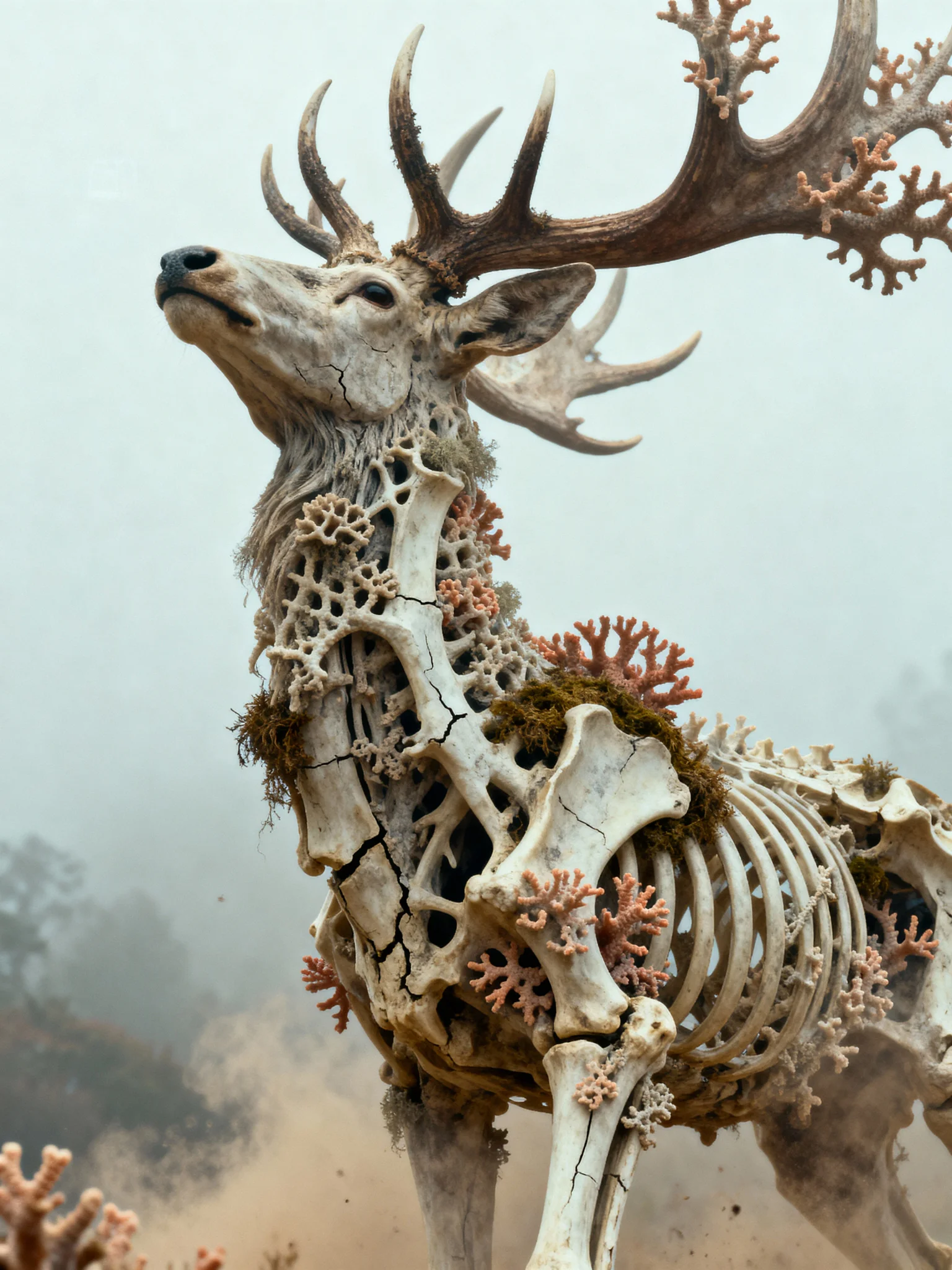 Cinematic realism portrait, a colossal stag composed of bleached bone and intricate coral structures, its antlers fractal-like and branching upward, rendered with mythic realism. The stag is captured in a three-quarter medium shot from a low angle, its head tilted slightly as if observing something unseen, with the tips of its massive antlers extending just beyond the top of the frame. Its form is textured with dry moss clinging to the bone and coral, showing surface cracks and a weathered appearance. Overcast lighting creates a soft, diffused illumination, emphasizing the grainy light fog and dust bloom that permeates the scene. The background is a muted pale fog with subtle depth blur, enhancing the sense of scale and isolation. The camera uses an f/2.8 aperture, contributing to a shallow depth of field and a pronounced film texture, no watermark, no logo, no text.