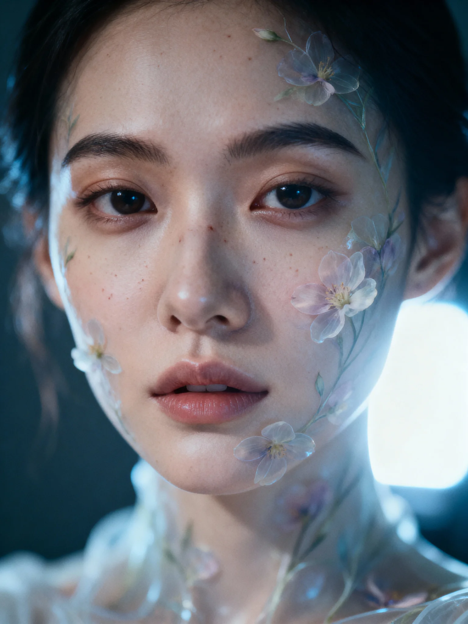 Photorealistic portrait, a person with faintly visible floral veins and petal textures beneath translucent, lifelike skin, subtle imperfections like pores and fine lines preserved, soft studio flash from camera right, gentle fill light from left, delicate edge light glow creating a surreal halo, shallow depth of field, 85mm lens, f/2.0, eye‑level, centered composition, neutral background, muted color palette emphasizing skin tones and floral pastels, subtle film grain, high dynamic range, no watermark, no logo, no text.