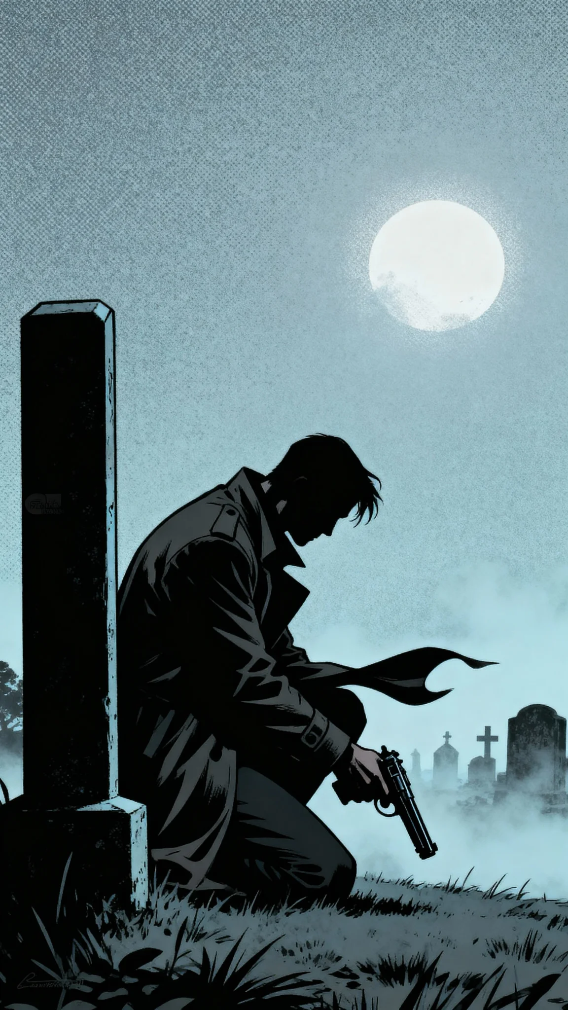 Noir action comic still, a lone assassin kneeling beside a gravestone in an empty graveyard at night, holding a gun loosely, head bowed with mournful resolve, trench coat rippling in the diffused moonlight, medium side shot with horizon aligned to eyes, gravestone and gun forming a diagonal line, sharp focus on the assassin's silhouette with soft cemetery background, flat halftone on distant fog, rear rim light creating a somber and cinematic mood, black, gray, and faded blue palette, visible paper grain in the sky, bare trees and stone textures in background, rim glow on the gun's edge, minimal halftone fog only, no gradients or photorealism, no text captions, no watermarks, no logos.