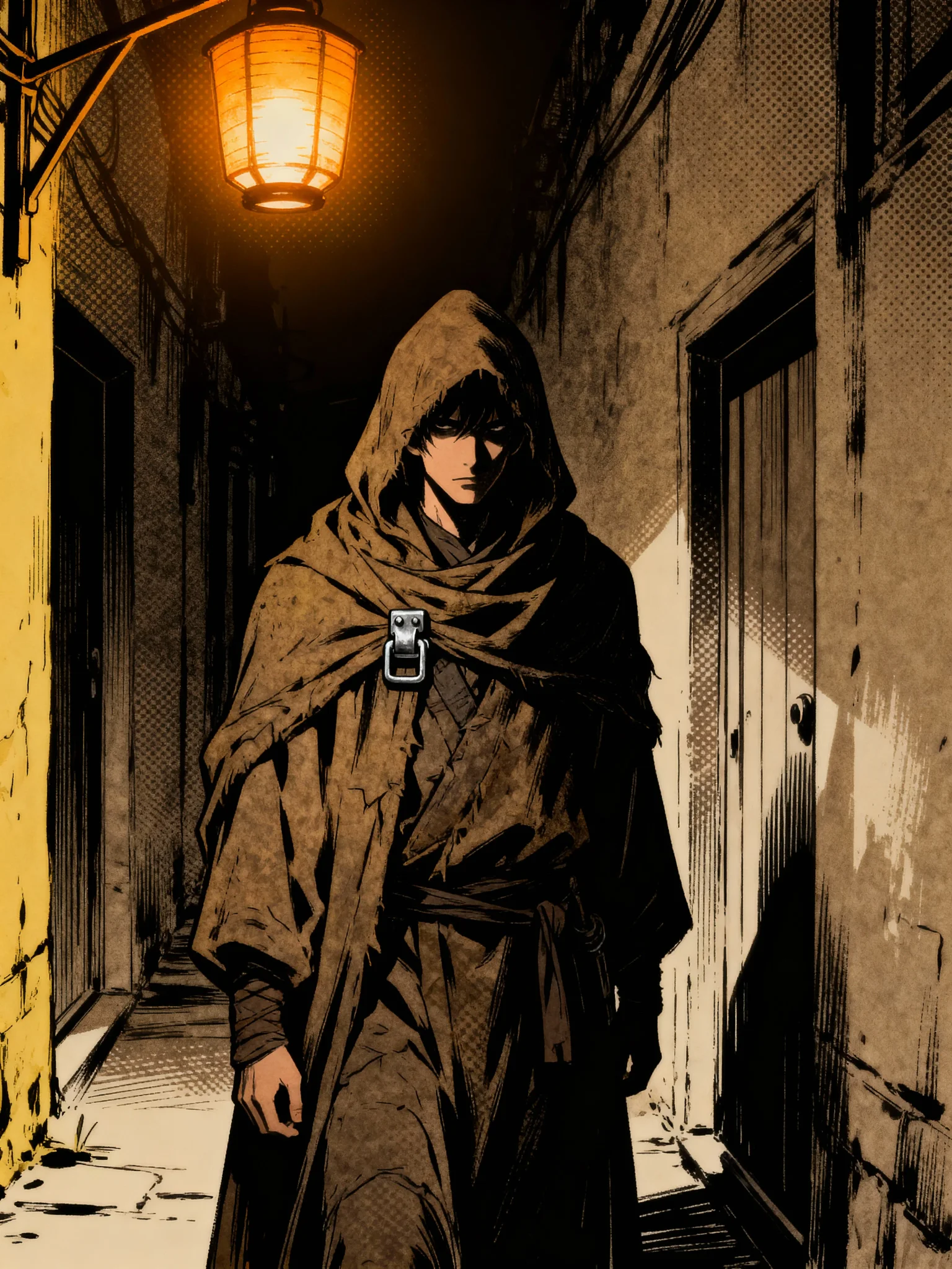 Noir manga still, a cloaked traveler in mid‑body portrait stands under a flickering cel‑shaded amber lantern, central framing with strong vertical halftone shadows, subject illuminated with sharp detail, rest of the deserted alley in deep shadow, simplified stone texture and minimal door outlines in the background, eye‑level cinematic still angle, flat tone contrast for subject isolation, sepia brown and ochre light color palette, rough cloth texture visible, reflective metal clasp on cloak, mood of reflective calm after turmoil, visible brush edges and uneven line weight, subtle halftone grain, no gradients mimicking 3D rendering, no text or speech bubbles.