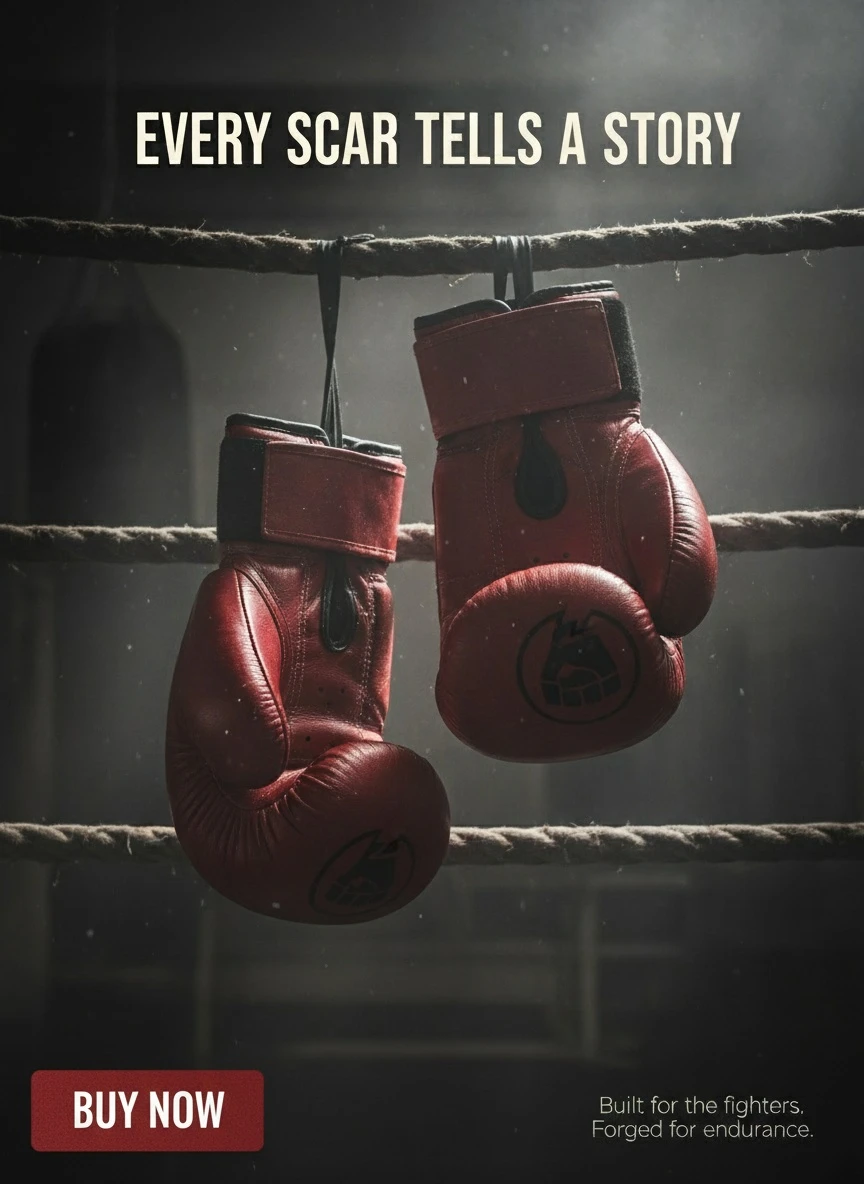 A high-resolution, studio-lit product photograph of a pair of red boxing gloves, slightly worn, hanging on gym ropes against a dark, smoky gym atmosphere. The lighting is dramatic sidelight from the left, designed to emphasize the leather grain texture and create cinematic shadows. The camera angle is a close-up shot, centered frame, with the gloves hanging slightly off-balance to showcase their form. Ultra-realistic detail highlights the wear and tear, dust particles visible in soft light rays cutting through the smoke. The headline "EVERY SCAR TELLS A STORY" in condensed bold sans-serif, off-white uppercase, is placed top center, overlapping the smoke. The subtext "Built for the fighters. Forged for endurance." in thin minimalist sans-serif, muted gray, is in the bottom right corner. Square format.