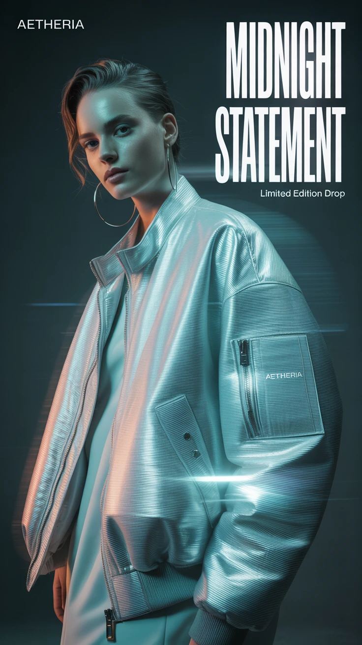 A striking editorial photograph of a fashion model wearing an oversized metallic bomber jacket, the fabric a rich silver with subtle iridescent undertones, jacket tilted slightly forward, hands casually tucked into pockets, creating a dynamic diagonal flow across the frame, the model positioned center-left against a flat, deep charcoal background. Dramatic editorial flash lighting casts strong, sculptural shadows that emphasize the jacket's volume and metallic sheen, with a powerful rim light defining the silhouette. Subtle creases in the fabric and the glint of zippers add textural realism. The headline "MIDNIGHT STATEMENT" appears in tall, bold, editorial sans-serif typography positioned top right, with "Limited Edition Drop" in condensed sans-serif placed directly below. Captured from a low-angle, eye-level perspective with a tight mid-shot framing, emphasizing negative space, the image boasts a strong depth of field with an aperture of f/2.8, rendering the jacket details in razor-sharp focus while the model's face is slightly softer. Muted neon accents subtly highlight edges, and slight motion blur adds a cinematic quality, evoking an edgy, high-fashion, and dramatic mood.