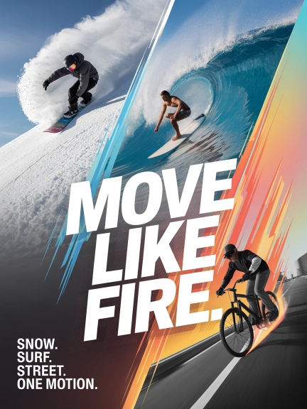 A dynamic triptych collage representing peak athletic motion, featuring a snowboarder mid-air with snow spraying from their board, a surfer carving a powerful wave with water droplets frozen in time, and a cyclist leaning into a sharp turn with tire dust kicking up, these three athletes are visually connected by semi-abstract white motion trails that weave and overlap across the composition, moving from the left edge to the right, the background seamlessly blends textured gradients of snow, ocean spray, and asphalt, creating a unified yet distinct environment for each athlete, the headline "MOVE LIKE FIRE" is presented in an angled geometric sans-serif font, rendered in white with a pronounced motion blur effect that cuts diagonally across the subjects, emphasizing speed and intensity, a smaller uppercase monospace subtext "snow. surf. street. one motion." sits at the bottom left, reinforcing the theme, the overall visual aesthetic is high-energy and sporty modern, utilizing a color palette of white, electric blue, vibrant orange, and deep black, with a focus on motion realism and editorial polish, using diagonal motion lines and smooth transitions between the environments to convey a sense of unstoppable momentum.