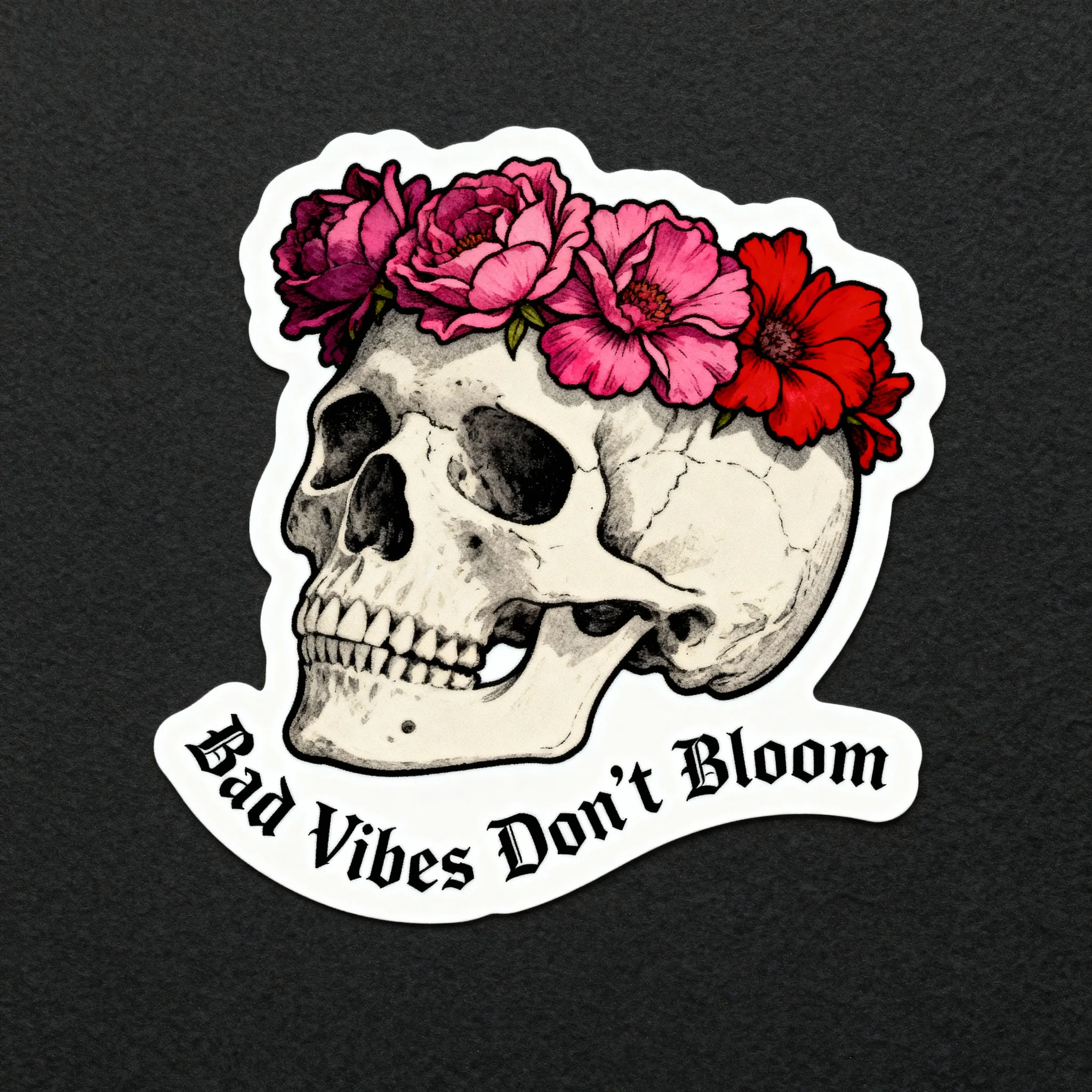 Grunge floral sticker design, a matte finish human skull angled slightly left with a neutral expression, adorned with a crown of vibrant pink and red flowers, their petals overlapping the forehead, rendered with soft shading and a clean white outline; beneath the skull, the text "Bad Vibes Don’t Bloom" arches in bold gothic serif font; the background is a plain, empty off‑white, emphasizing the central subject; moody yet minimal aesthetic, sticker‑ready PNG format, no watermarks, no logos, no extra elements.