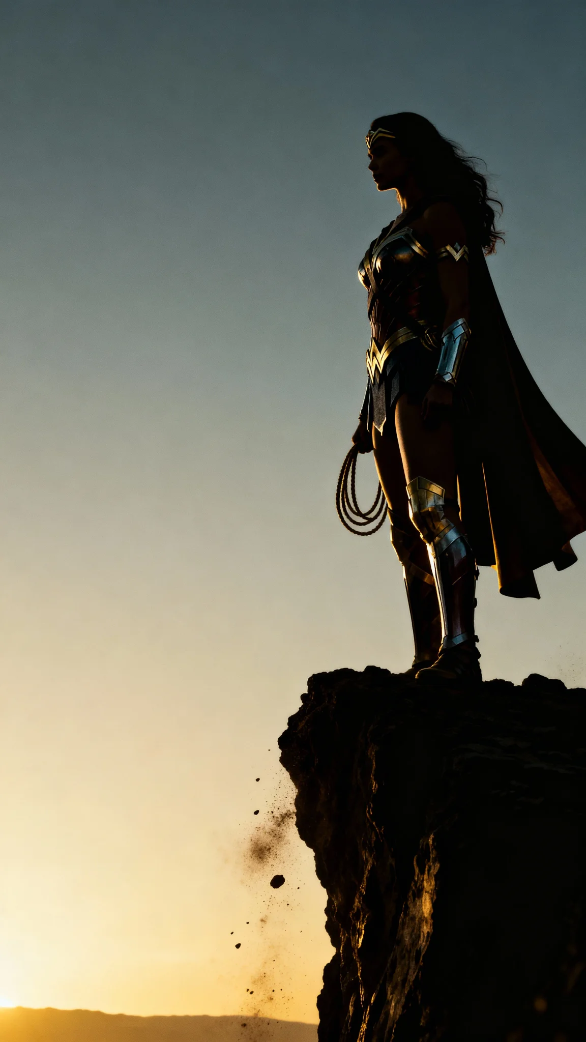 Minimal cinematic wallpaper, photorealistic, Wonder Woman standing alone on a cliff edge, her iconic lasso resting at her side, depicted as a low-angle silhouette against a horizon gradient sky, sharp focus on the figure with a soft gradient background, subtle golden hour rim light defining her form, smooth armor silhouette and slight cape flow, with tiny dust and rock debris adding realism, dramatic minimalist hierarchy emphasizing a heroic focus, moody and minimal visual aesthetic, no watermark, no logo, no text.
