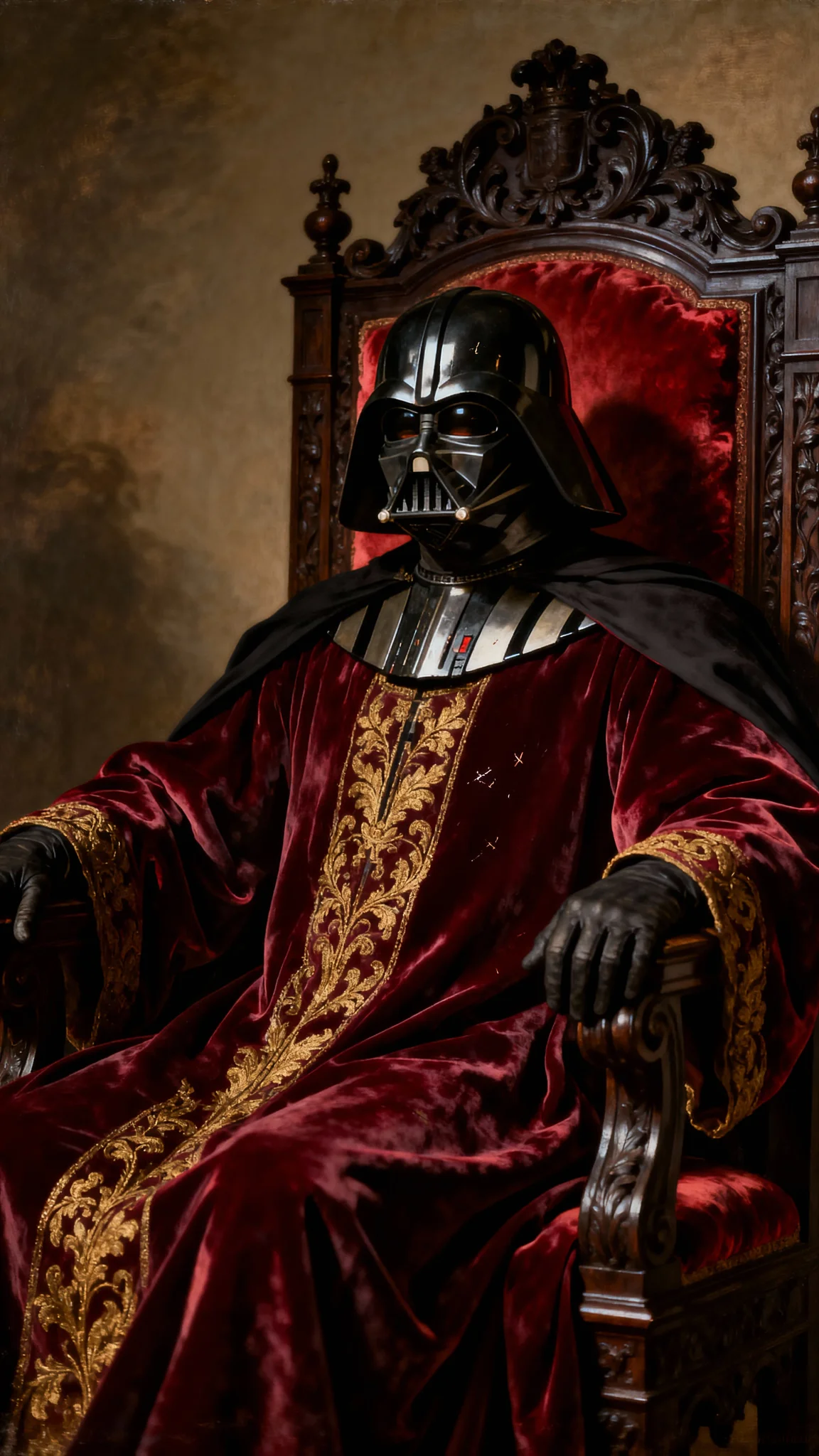 Photorealistic Renaissance painting, Darth Vader depicted in a regal, three-quarter frontal view, seated upon an ornate, velvet throne, wearing a flowing, dark robe with intricate gold embroidery, commanding posture, sharp focus on his metallic helmet and chest plate, with the throne and background rendered softly, illuminated by classic warm Rembrandt chiaroscuro lighting, accented by subtle rim highlights that define his silhouette, showcasing the textures of polished metal, rich fabric, and plush velvet, with minor imperfections like tiny scratches on the helmet and slight fabric creases adding realism; the background is a muted, painterly backdrop in warm earth tones with deep, subtle shadows, emphasizing the character through soft focus; the composition employs dramatic hierarchy with a centered focal point, creating a moody, regal, and highly detailed visual aesthetic, no watermark, no logo, no text.