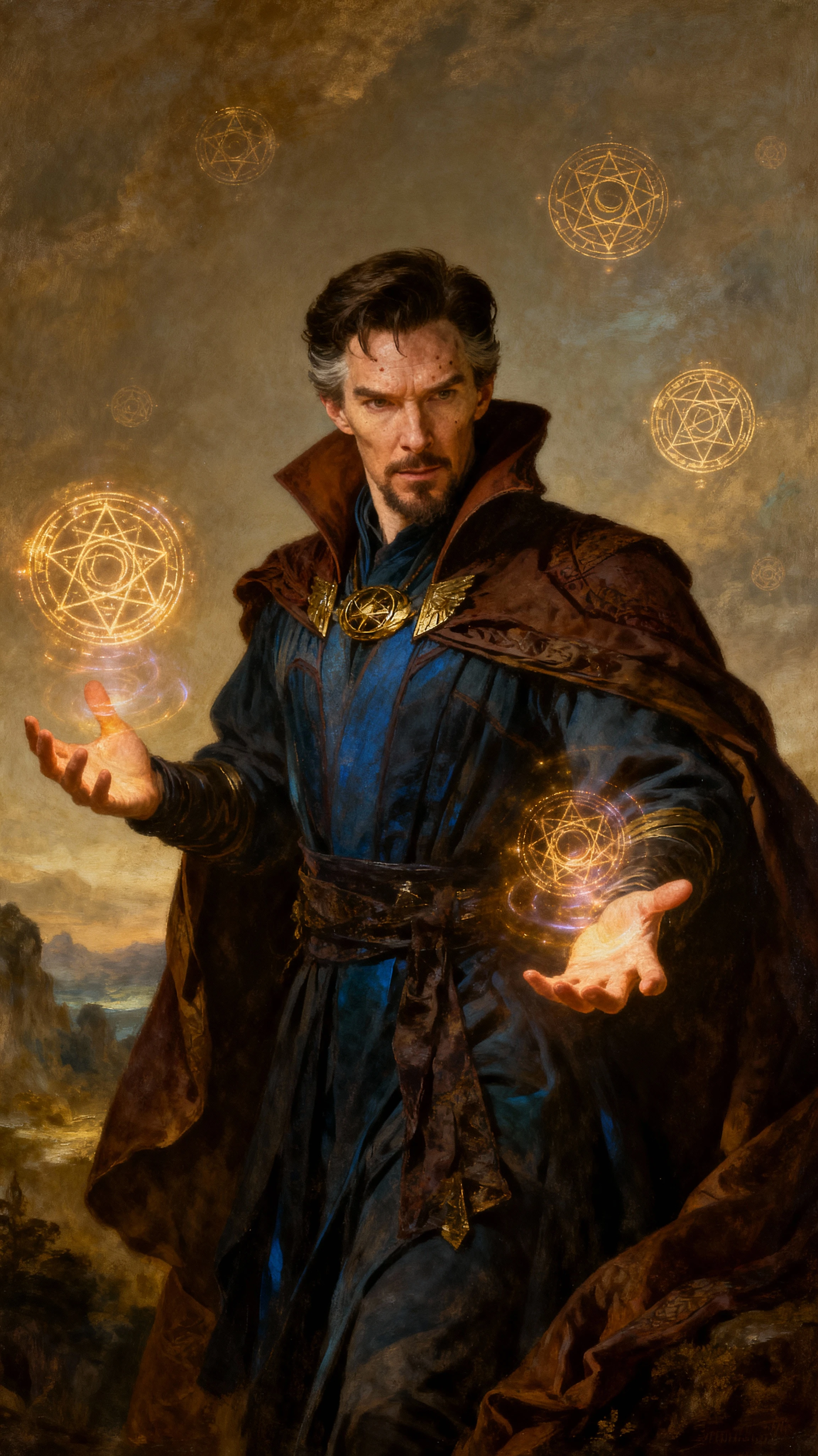 Photorealistic Renaissance painting, Dr. Strange levitating in a majestic three‑quarter frontal view, forming intricate mystical sigils with his hands, which emit a faint magical glow that floats around his fingers. His face and hands are in sharp focus, revealing detailed skin texture and subtle blemishes, while the edges of his ornate fabric robes and the floating sigils are softly rendered. Warm Rembrandt‑style lighting casts soft, dramatic shadows, enhancing the mood. The background is a muted, painterly mystical landscape in earthy browns, soft blues, and subtle gold highlights, rendered with a soft focus to keep the emphasis on the character and his magic. The composition follows a regal hierarchy, drawing the viewer's eye to the central magical display. Textures of rich fabric, ethereal energy, and realistic skin are meticulously detailed. Moody, mystical, and photorealistic, capturing the essence of Renaissance artistry with a supernatural subject. No watermarks, no logos, no text.