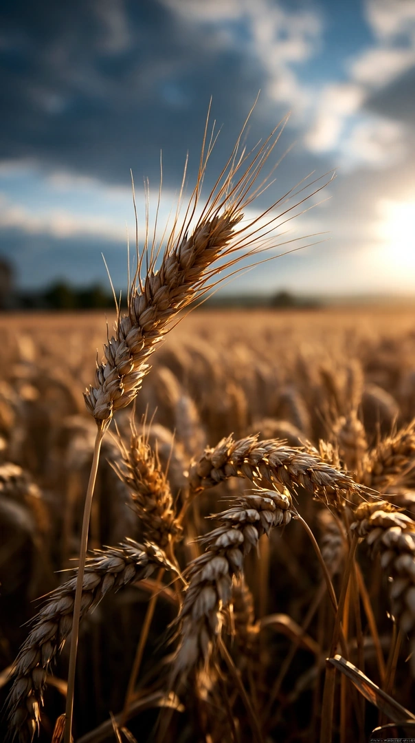 Ground-level macro of golden wheat ears arching against a dramatic dusk sky of indigo clouds split by warm sunlight on the horizon. Foreground stalks crisp and amber, deeper rows melting into bokeh, a low silhouetted treeline far back. Telephoto compression, harvest-warm rural cinematography.