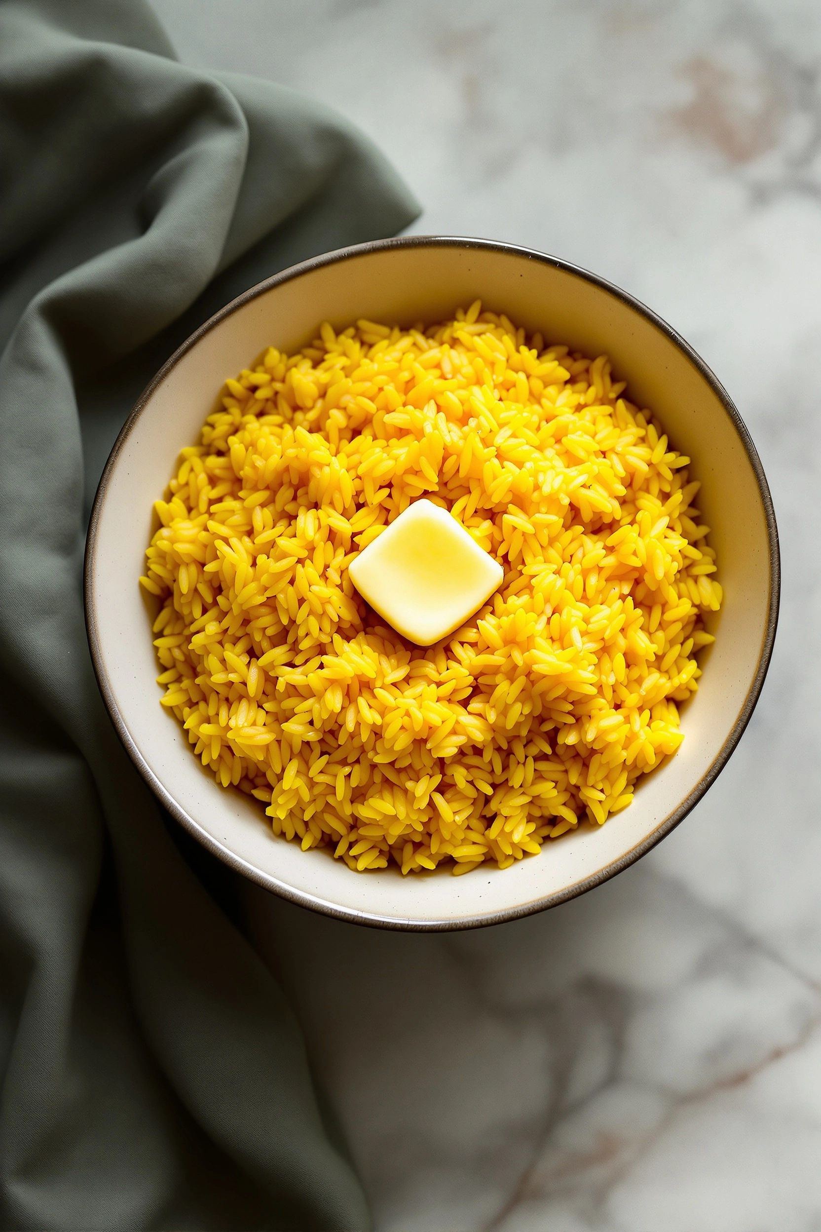 Top-down on a ceramic bowl heaped with golden saffron-stained basmati, a small square of butter slumping into a glossy puddle at the crown. A sage linen napkin gathers along the left edge of pale veined marble. Bright, airy overhead food editorial, marigold and stone palette.