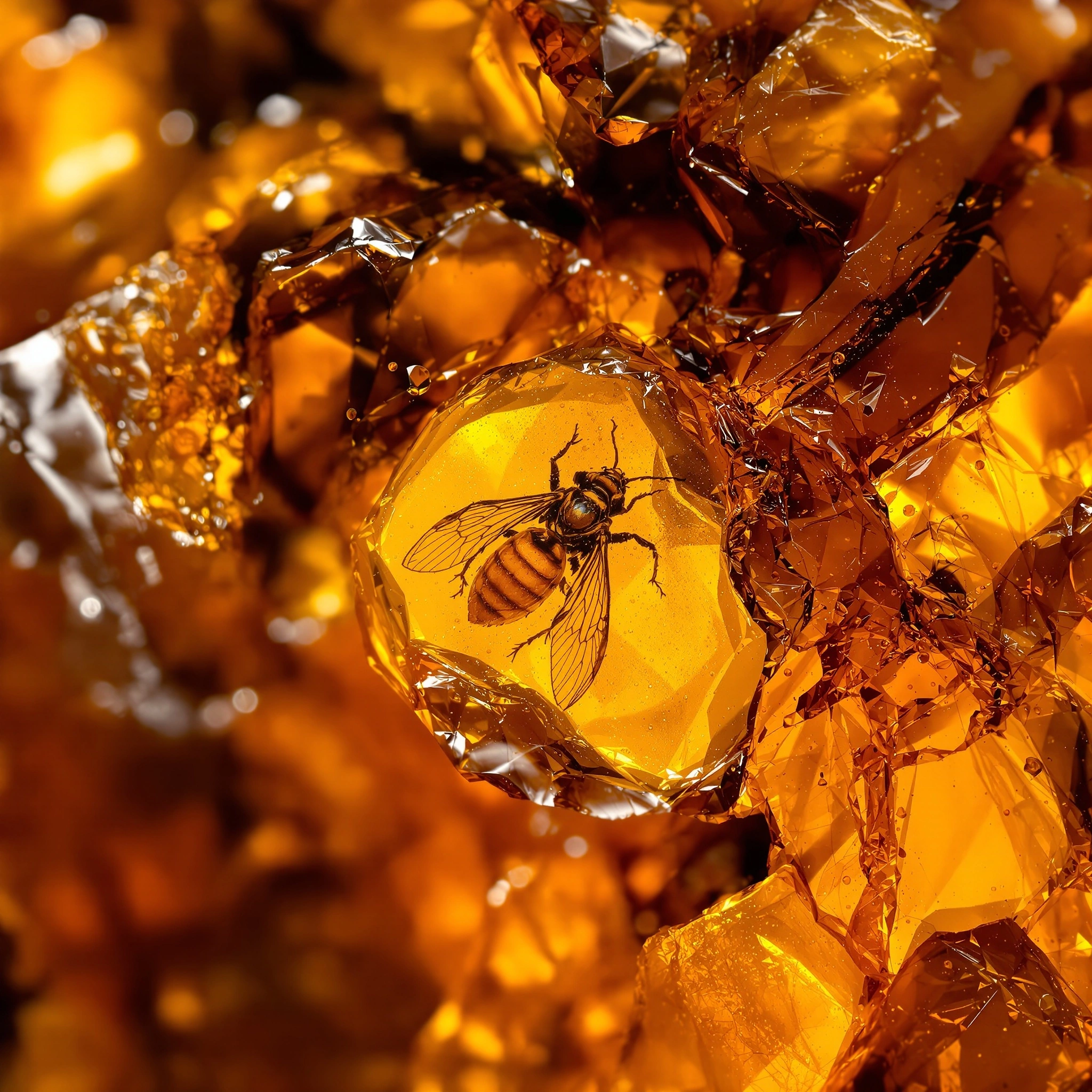 A faceted disc of clear honey-amber resin holds a perfectly suspended bee, its wings and stripes etched against a glowing golden interior, surrounded by jagged crystalline shards of darker amber. Macro framing fills the frame with molten orange caustics. Specimen-photography intensity, focus-stacked 90mm at f/8.