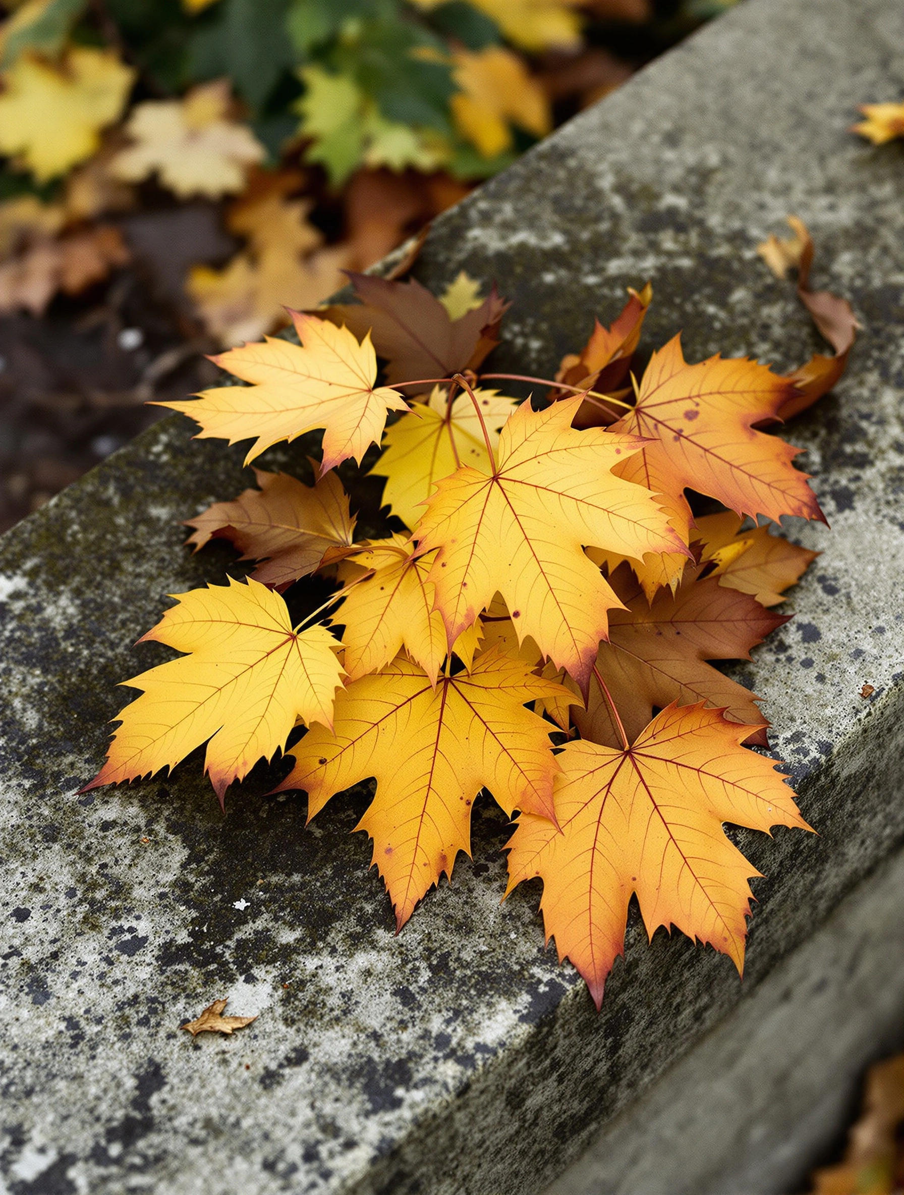 A loose pile of maple leaves rests on a lichen-mottled stone bench, fronds layered from amber-gold through ochre to scorched ember. Veining glows backlit, surrounding leaves blur into the bracken below. Overcast diffused light, autumnal editorial macro, palette of saffron, copper, and weathered grey.