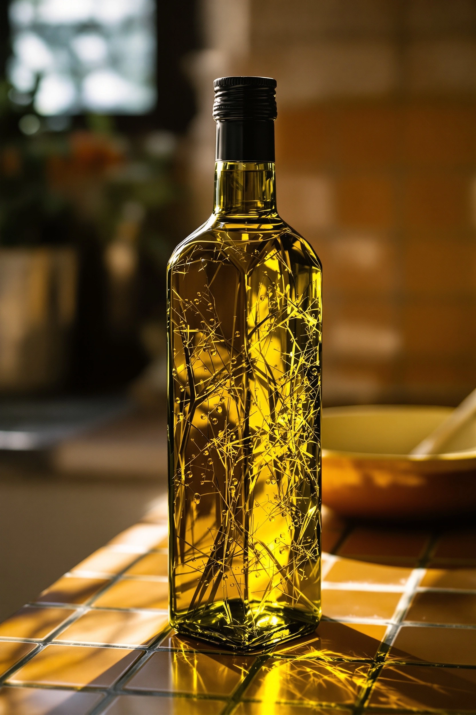 A tall square bottle of chartreuse-gold oil glows on a glossy mustard-tiled counter, an herb sprig suspended inside catching backlight through the glass. Out-of-focus terracotta kitchen and a yellow rim of ceramic to the right. Low-angle hero product feel, 50mm wide open, kissed by warm tungsten haze.