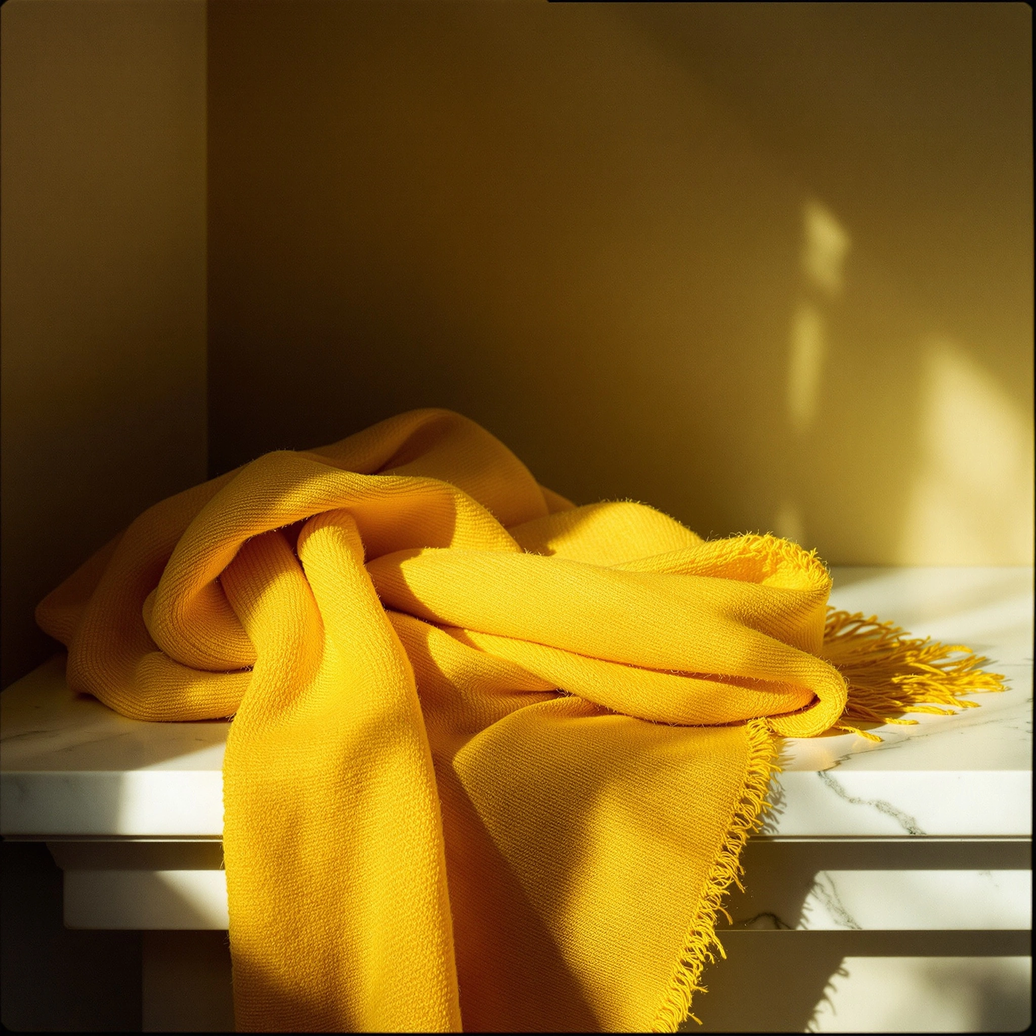 A saffron-mustard wool scarf with hand-knotted fringe spills across a white marble ledge, raking late sun carving deep ribs across the weave and throwing a hard slanting shadow on the warm beige wall behind. Square format, painterly chiaroscuro, the buttery saturation of Hasselblad on Ektachrome.