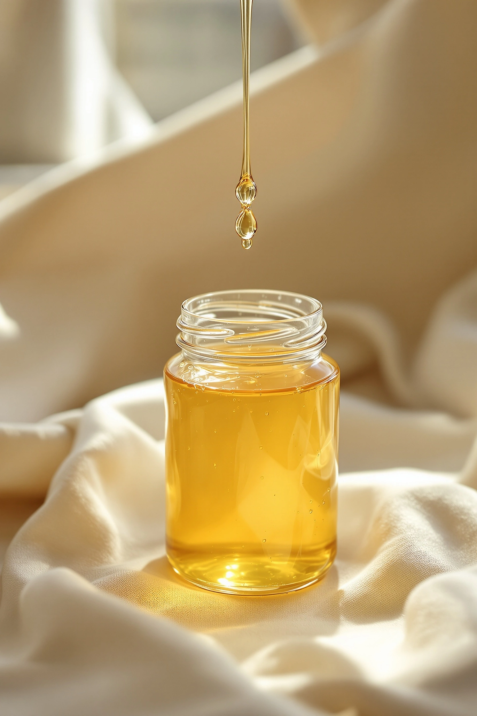 An open jar of pale lemon honey rests on rumpled cream linen, a single golden droplet suspended mid-fall beneath a slender glass dipper. Warm backlight ignites the syrup into a liquid lantern. Vertical product framing, soft blooming highlights, 100mm macro with the dreamy diffusion of an old Petzval.