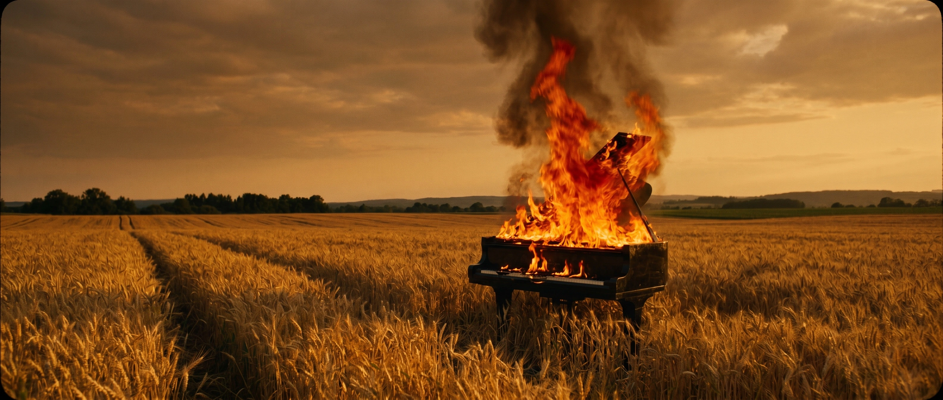 A grand piano stands burning at full pitch in the middle of a tractor track through a ripening wheat field, flames lashing skyward into a column of black smoke. Golden-hour sun warms the amber stalks while heavy clouds drift toward dusk above distant tree lines. Anamorphic widescreen drama, cinematic teal-and-orange grading, hushed surreal stillness.