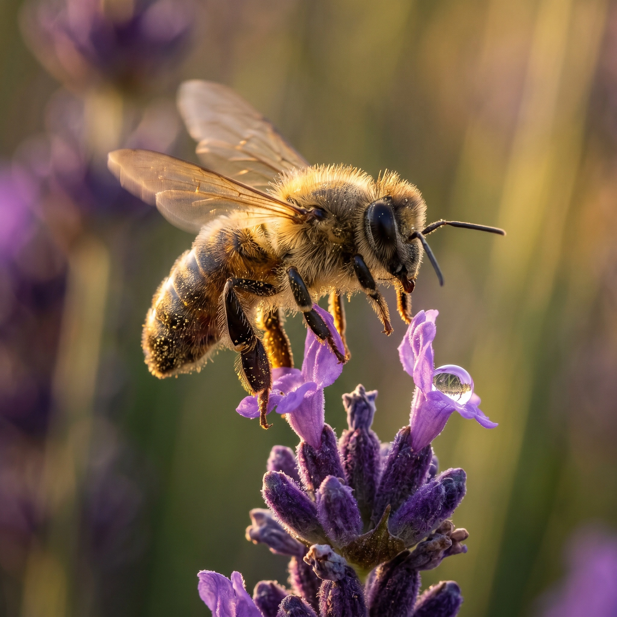 A pollen-dusted honeybee touches down on a violet lavender floret, one translucent wing frozen in soft motion blur while a dewdrop clings to the petal beside it. Late sun rakes the fuzzy body, igniting hair and pollen against a creamy bokeh of more lavender stalks. Macro intimacy, warm amber-and-mauve palette, telephoto compression.