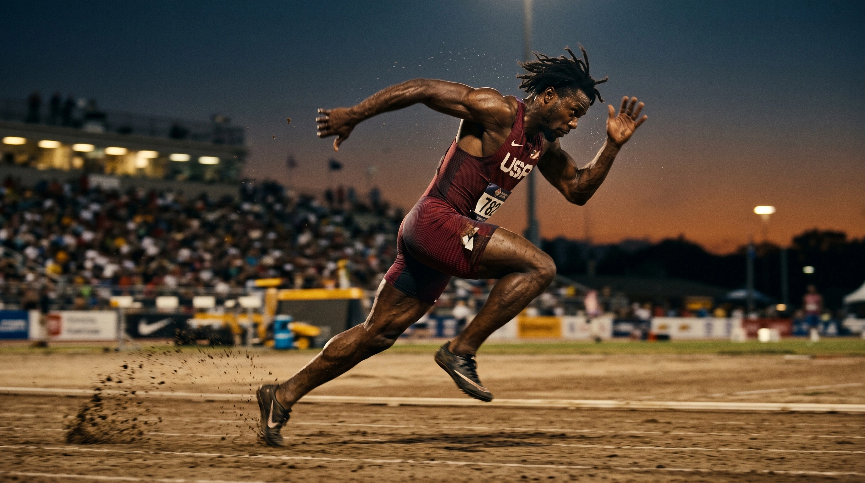 Side-on capture of a Black sprinter in maroon USA singlet at peak drive phase, every muscle striated, dirt and grit flung from the spikes in a trailing arc. Stadium floodlights and a bruised orange dusk halo the figure as a blurred crowd watches from the stands. Long-lens compression, warm amber rim light, sports-editorial grit.