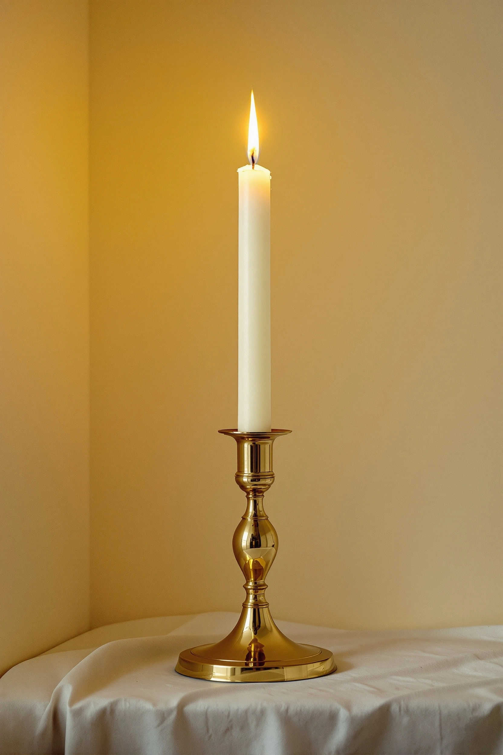 Polished brass candlestick on draped ivory linen, a tall taper burning with a steady amber flame against a warm honey wall. The 2700K glow halos the candle and softens the corner, vertical still life with old-master tonality and a meditative, almost devotional stillness.