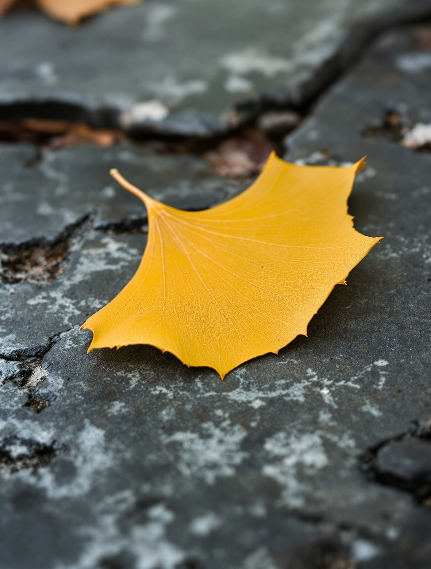 A solitary saffron-yellow ginkgo leaf rests on cracked slate flagstone mottled with pale lichen, the fan-shaped blade tilted so its serrated edge catches diffuse overcast light. Shallow depth of field melts the stone into smoky grey, while the leaf's translucent veins glow with chlorophyll's last warmth. Macro lens, muted film stock, quiet autumn melancholy.