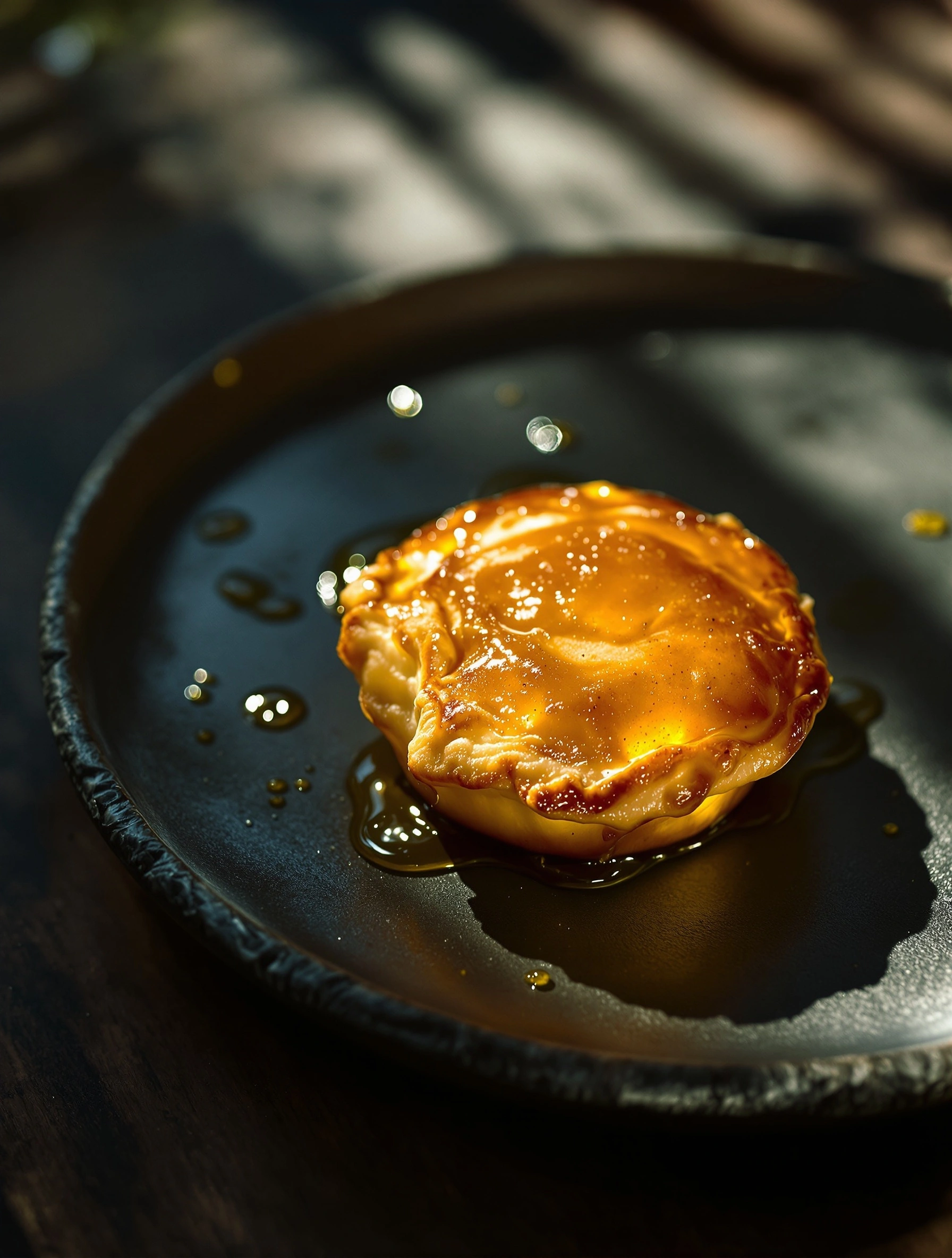 A small caramel-glazed tart pools golden syrup on a matte black ceramic plate, dappled afternoon light flickering through unseen leaves above. Tiny sugar droplets ring the pastry like beads, the dark plate absorbing surrounding shadow. Food editorial close-up, raking sidelight, rich amber chiaroscuro.