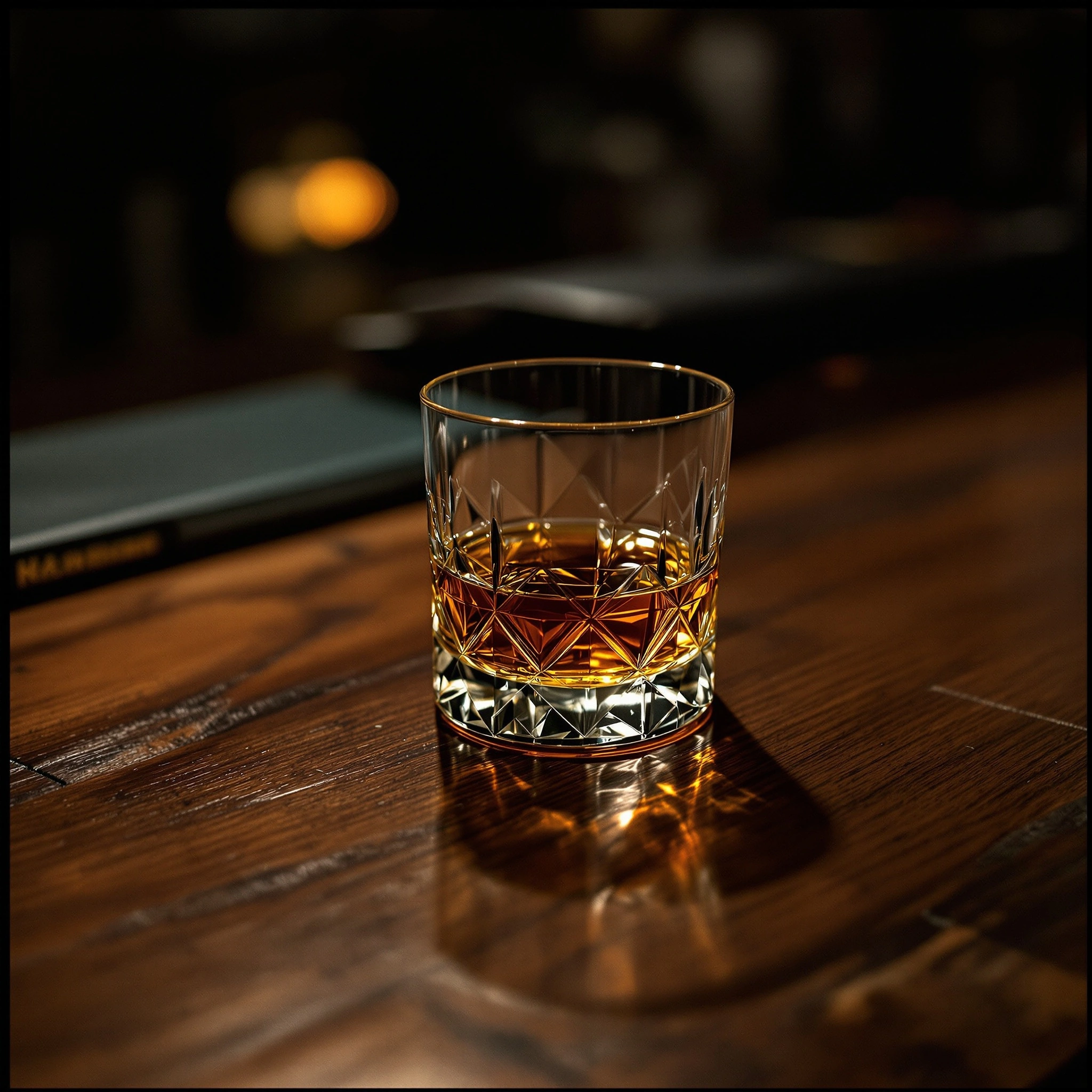 A cut-crystal tumbler half-filled with amber spirit rests on a dark walnut bar top, faceted base scattering caramel highlights across the grain. A lone tungsten bulb glows softly in the deep background bokeh, the rest dropping to inky blacks. Low-key chiaroscuro, 85mm wide open, late-night editorial.