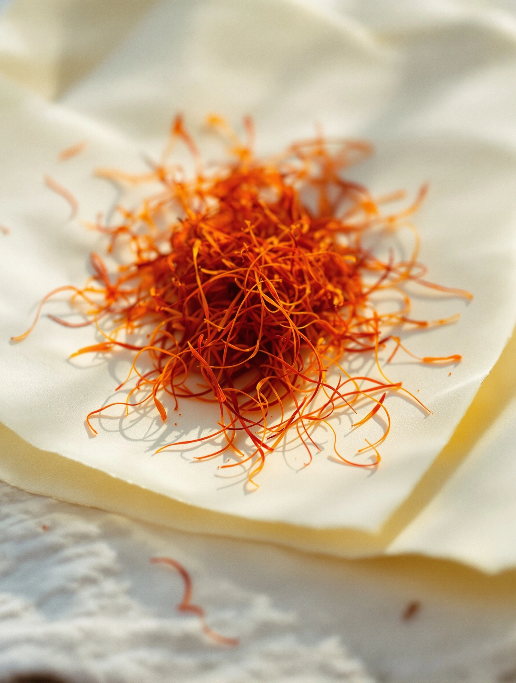A dense crimson-orange mound of saffron threads sits on a folded sheet of cream parchment, individual filaments curling out around the heap in delicate orbits. Soft daylight casts low warm shadows and picks up the faintest dust of pollen on the paper. Overhead macro, spice-merchant editorial styling, glowing amber against bone.