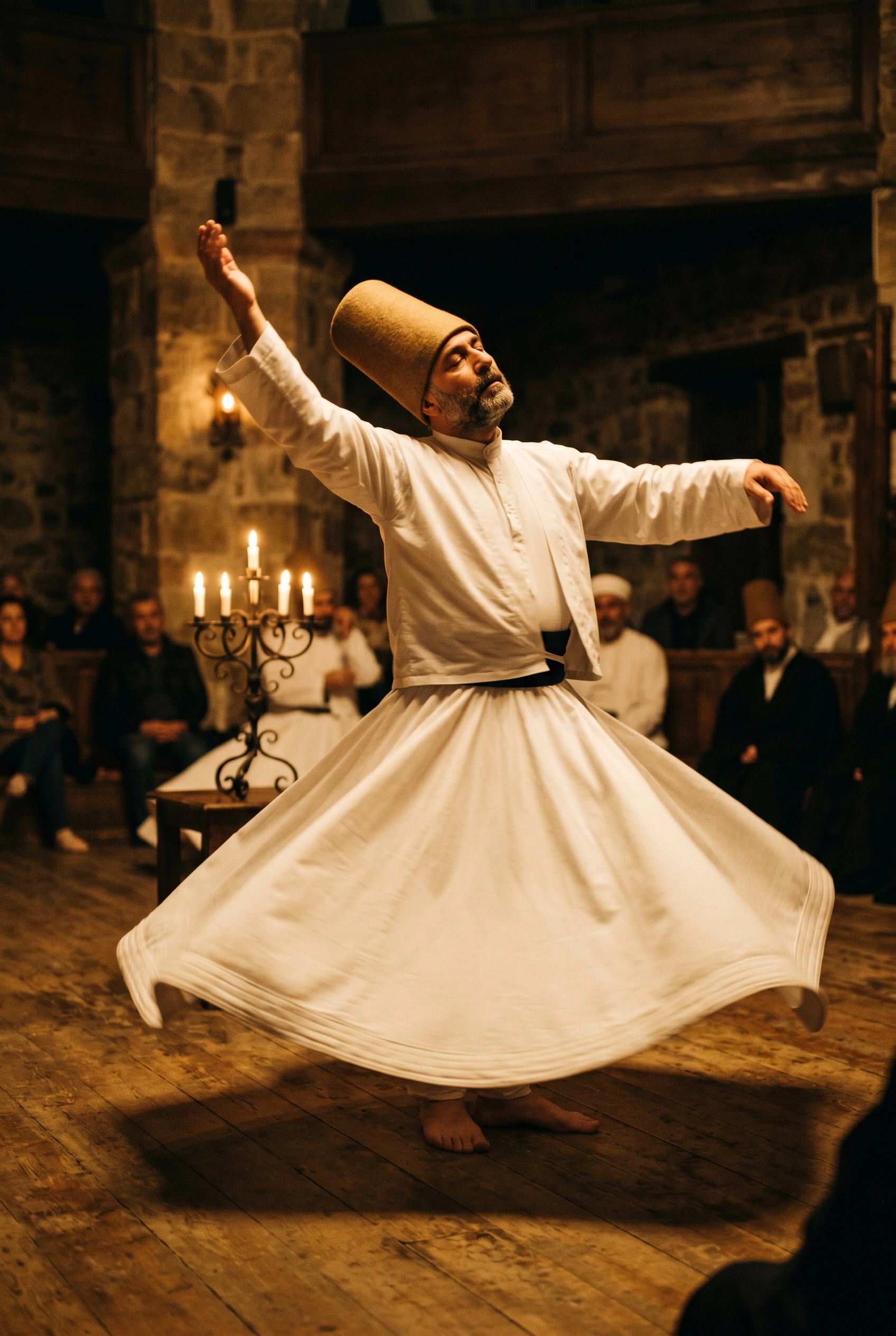 A whirling dervish in a felted ochre sikke cap and ivory tennure spins barefoot on dark plank flooring, his skirt flaring into a flat disc of fabric. A wrought-iron candelabra and seated onlookers blur into the warm stone hall beyond. Tungsten and candle-amber light, slow-shutter motion, devotional cinematic stillness.
