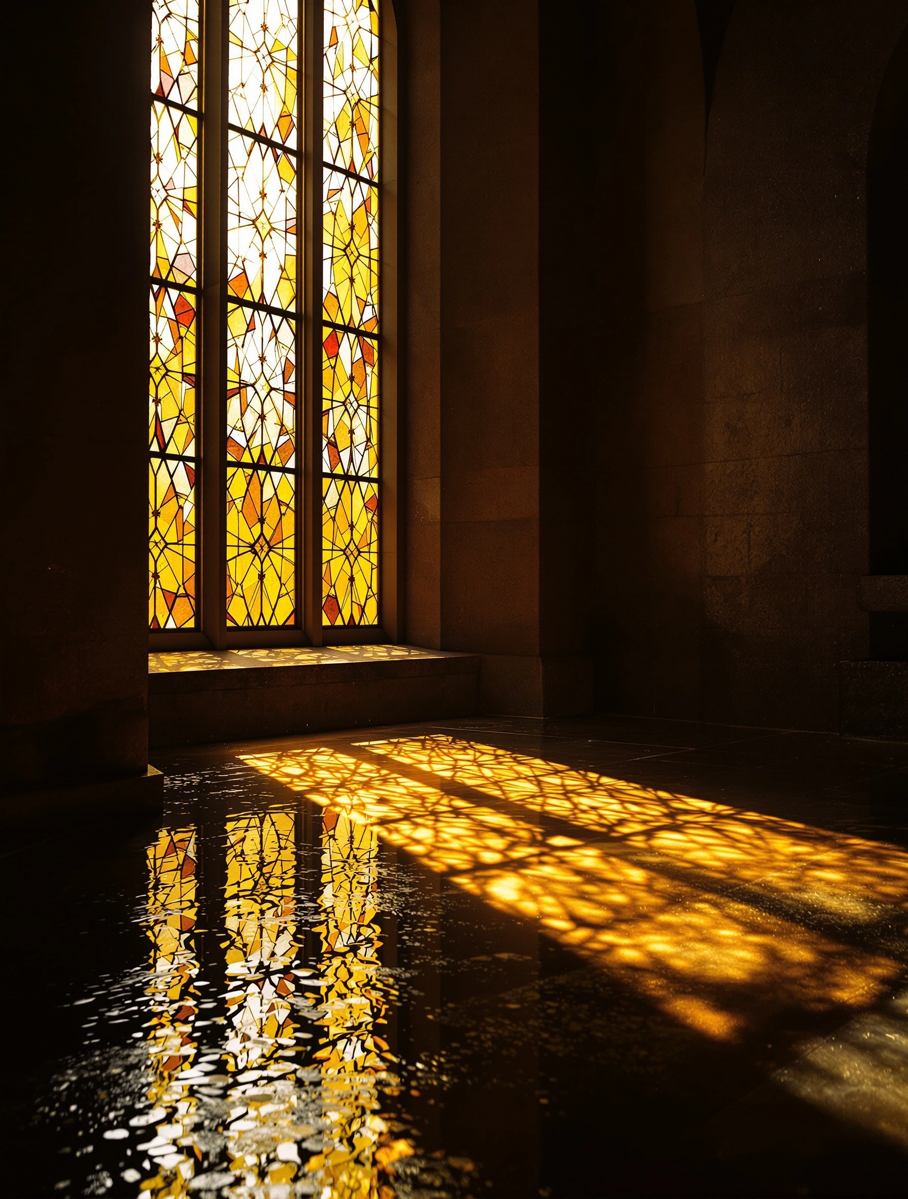 A tall lancet stained-glass window of amber and saffron glass pours warm geometric reflections across a glassy black stone floor of a hushed cathedral interior. Reflections double the lattice into the lower half of the frame. Vertical sacred-architecture composition, deep shadows, 24mm at f/8, devotional silence.