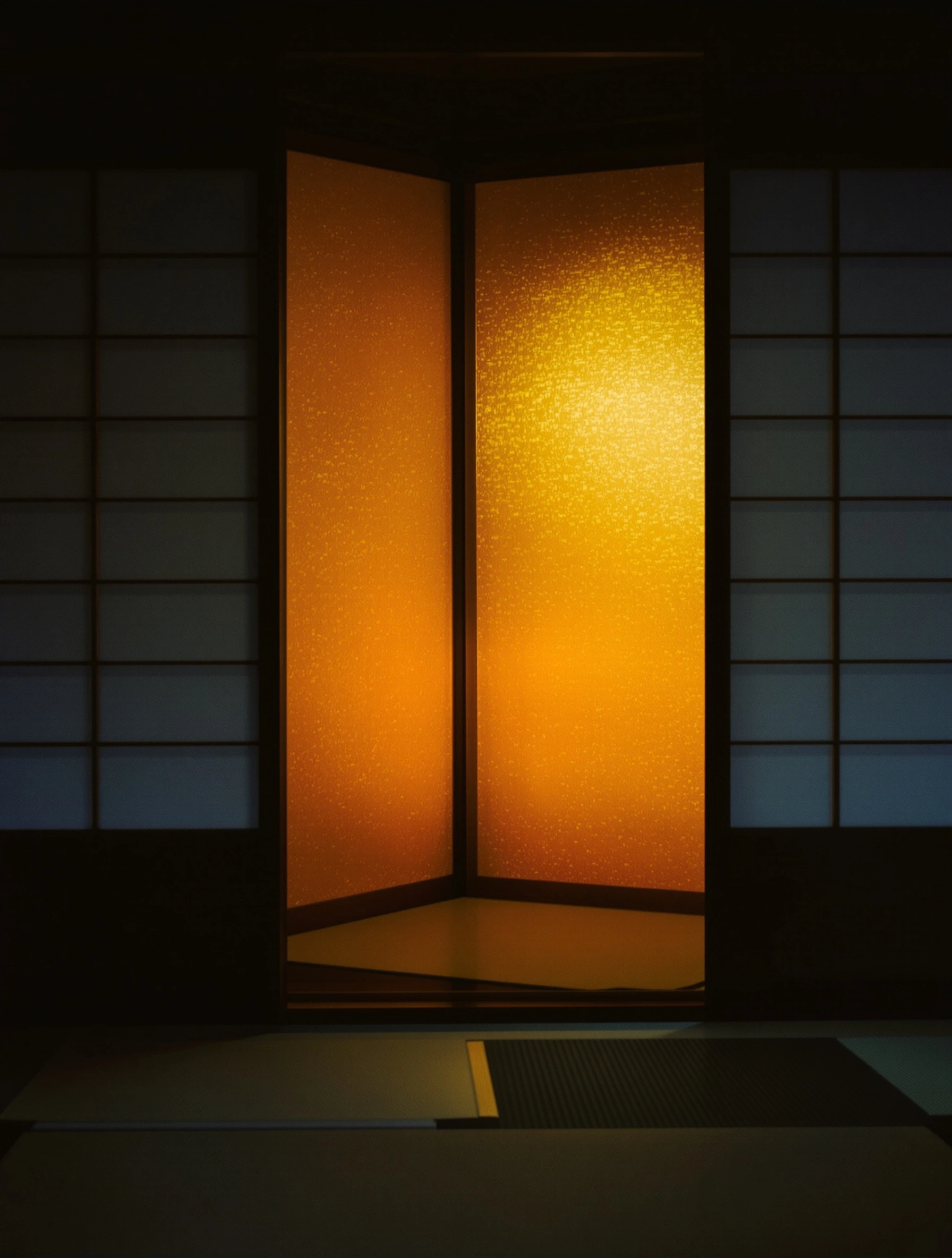 Inside a darkened tatami room, twin shoji panels glow molten amber from a hidden paper lantern in the alcove beyond, contrasting against the cool moonlit screens on either side. Tatami mats stretch in soft parallels at frame bottom. Symmetrical composition, 2700K warmth versus 5000K coolness, meditative Sukiya restraint.