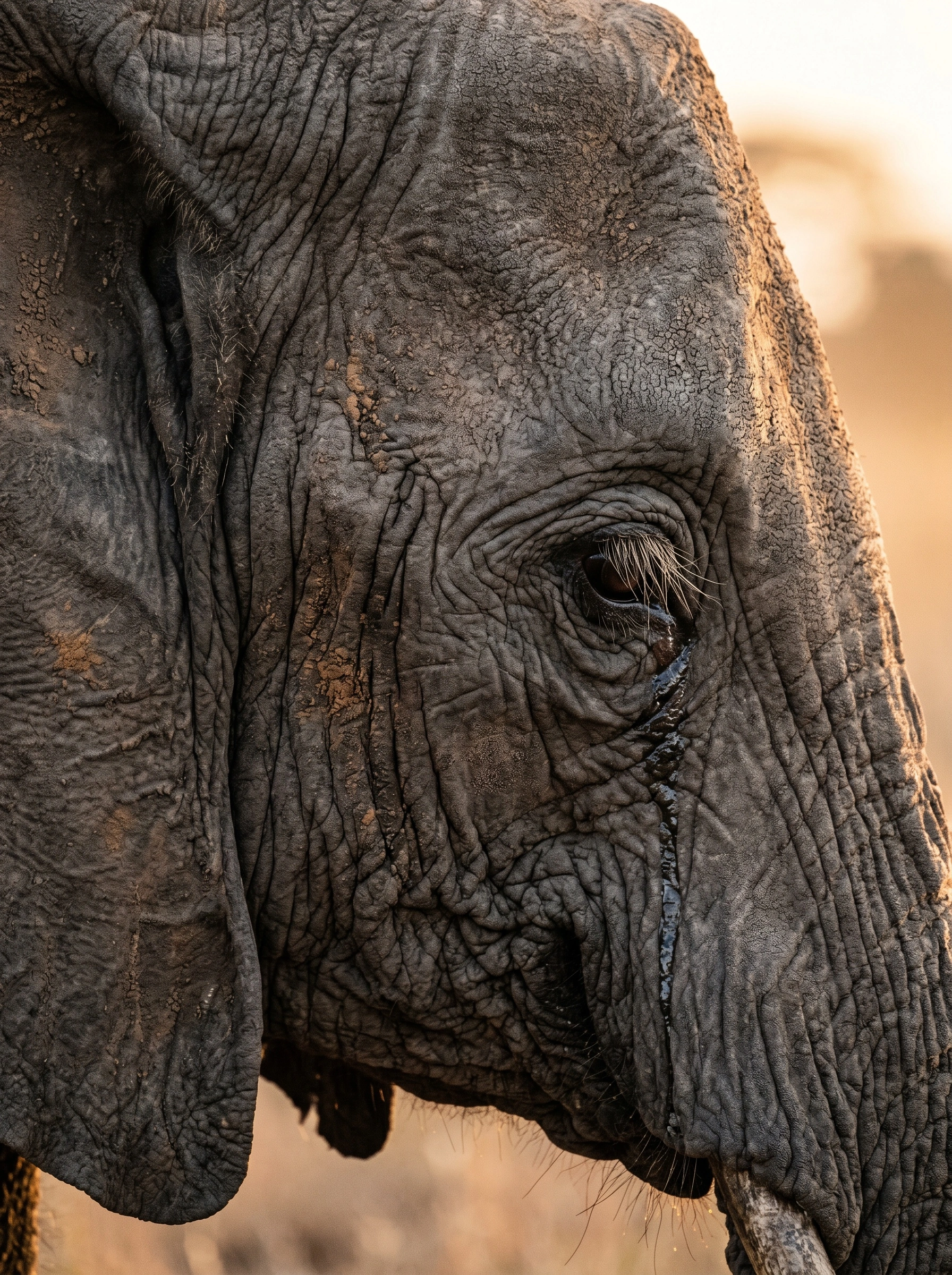Tight profile of an African elephant, deeply furrowed hide rendered in topographic detail around a small amber eye fringed with long lashes. A wet streak runs from the tear duct down toward the trunk; behind, the savanna dissolves into a hazy gold bokeh of late sun. Telephoto compression, wildlife-portrait gravity, mournful intelligence.