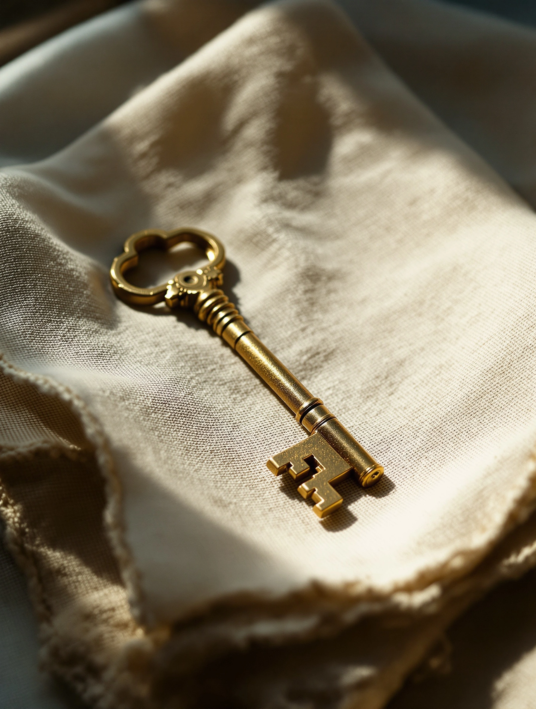 Antique brass skeleton key laid across a folded oat linen napkin, ornate bow and notched bit catching a sharp slice of late afternoon sun. Frayed selvedge edges glow at the corners while shadows fall hard around the shaft, 100mm macro intimacy with patinated warmth.