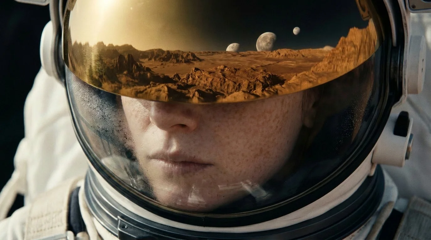 Tight on an astronaut's freckled face inside a white helmet, the gold-coated visor reflecting an orange Martian plain studded with craters and three small moons in a black sky. A boom mic crosses her cheek; her gaze drifts toward the horizon. Cinematic widescreen, warm copper-and-amber palette, anamorphic flares and shallow focus.