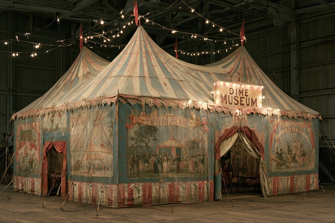 A vintage striped circus tent staged inside a dim wooden warehouse, hand-painted canvas panels depicting crowds and pavilions in faded reds and powder blues. A glowing 'Dime Museum' sign hangs above the entry, festoon bulbs strung overhead like a constellation. Theatrical key light, Gregory Crewdson tableau, soft tungsten warmth.