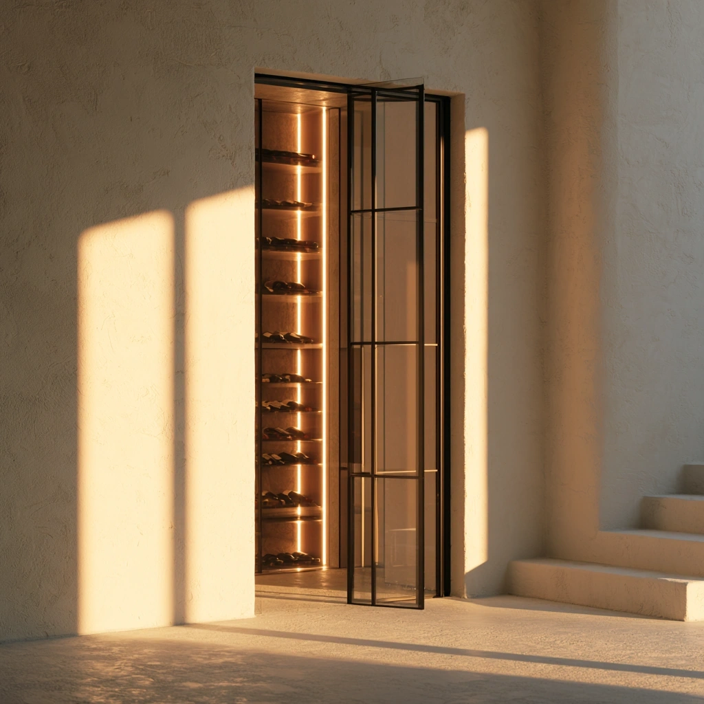 Slim black-framed glass door opening onto a backlit walk-in wine cellar set into a plaster wall, bottles glowing on warm wood shelves with strip lighting. Late afternoon sun rakes through unseen windows, throwing long rectangular shadows across the limewash. Architectural minimalism, golden hour cinematic stillness.