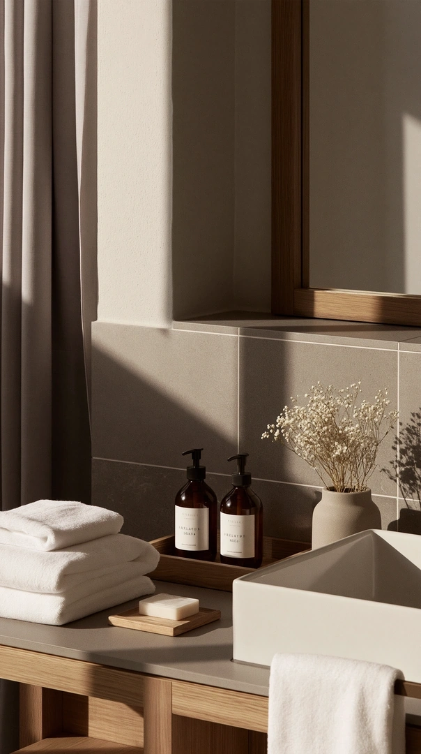 Corner of a hushed hotel bathroom: oak-framed mirror over taupe tiles, folded white towels, amber apothecary bottles on a wood tray, and a sprig of dried gypsophila in a ceramic vase. Warm directional sun grazes a heavy curtain. Earthy neutral palette, Scandinavian-Japanese restraint.