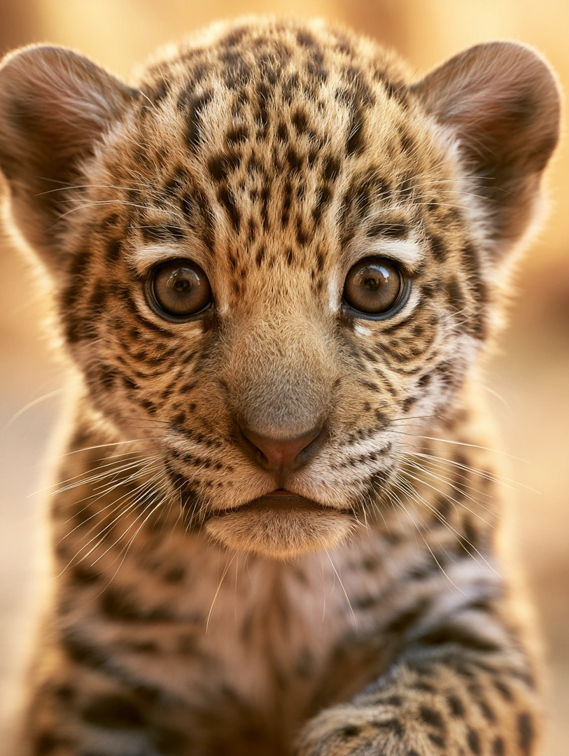 Tight portrait of a jaguar cub head-on, oversized amber eyes catching the light, rosetted golden fur soft across rounded ears and snub pink nose. Background dissolves into warm savanna bokeh of honey and ochre. Wildlife close-up, telephoto compression, fine whisker detail.