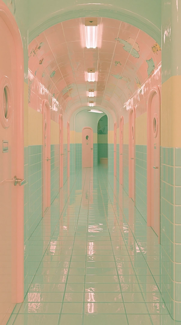 A vaulted tiled corridor in candy pink and mint green, glossy ceramic tiles catching reflections from a row of fluorescent strip lights overhead. Symmetrical porthole doors recede toward a vanishing point, pastel surfaces glazed in soft custard yellow accents. Wes Anderson-coded symmetry, vertical 9:16 framing, dreamlike clinical hush.