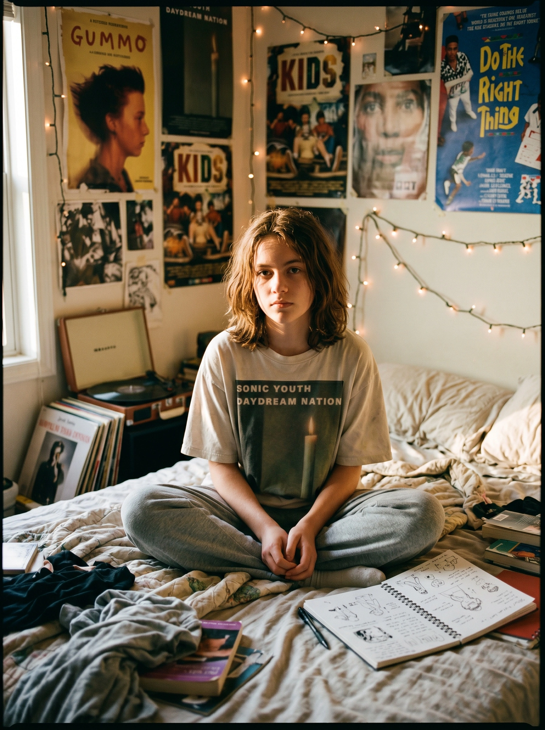 Teen sitting cross-legged on an unmade bed in a Sonic Youth tee and grey sweats, an open sketchbook beside her. Walls behind are papered with Gummo, Kids, and Do the Right Thing posters strung with warm fairy lights, a turntable on the floor. Medium-format film grain, dim tungsten intimacy.