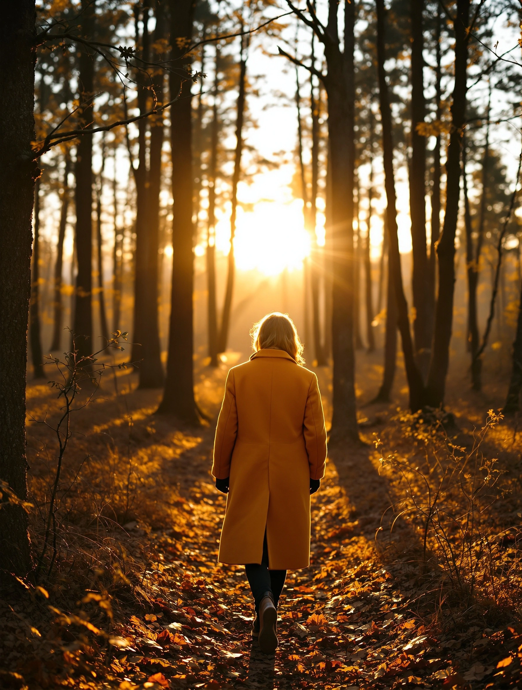 Backlit figure in a mustard wool overcoat striding down a leaf-littered forest path, low sun bursting through bare trunks in long amber rays. Trees silhouette into near-black columns while orange foliage carpets the ground. 35mm warmth, autumn haze, contre-jour flare softening the edges.