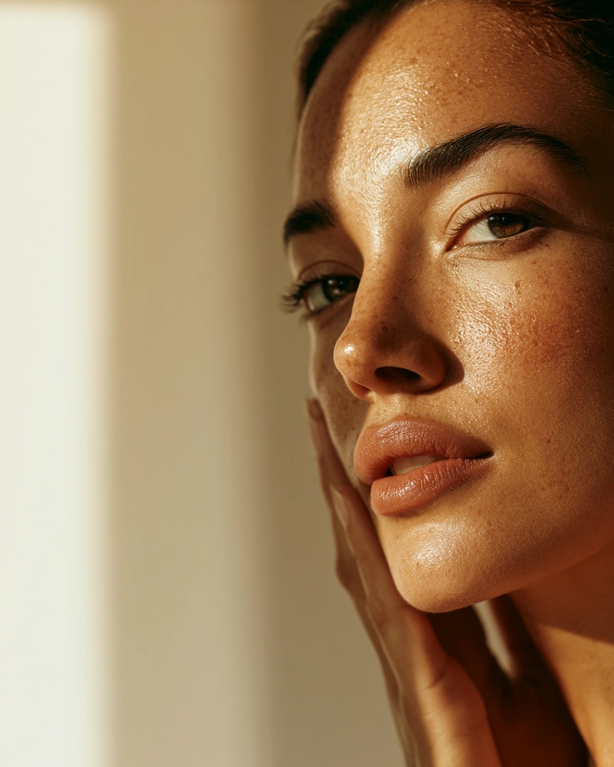 Three-quarter beauty portrait of a freckled woman cradling her jaw, lips parted, gazing past camera into warm window light. Skin glows with subtle highlight along cheekbone and nose, every pore and brow hair rendered. Honey-toned negative space, skincare campaign elegance, soft golden chiaroscuro.