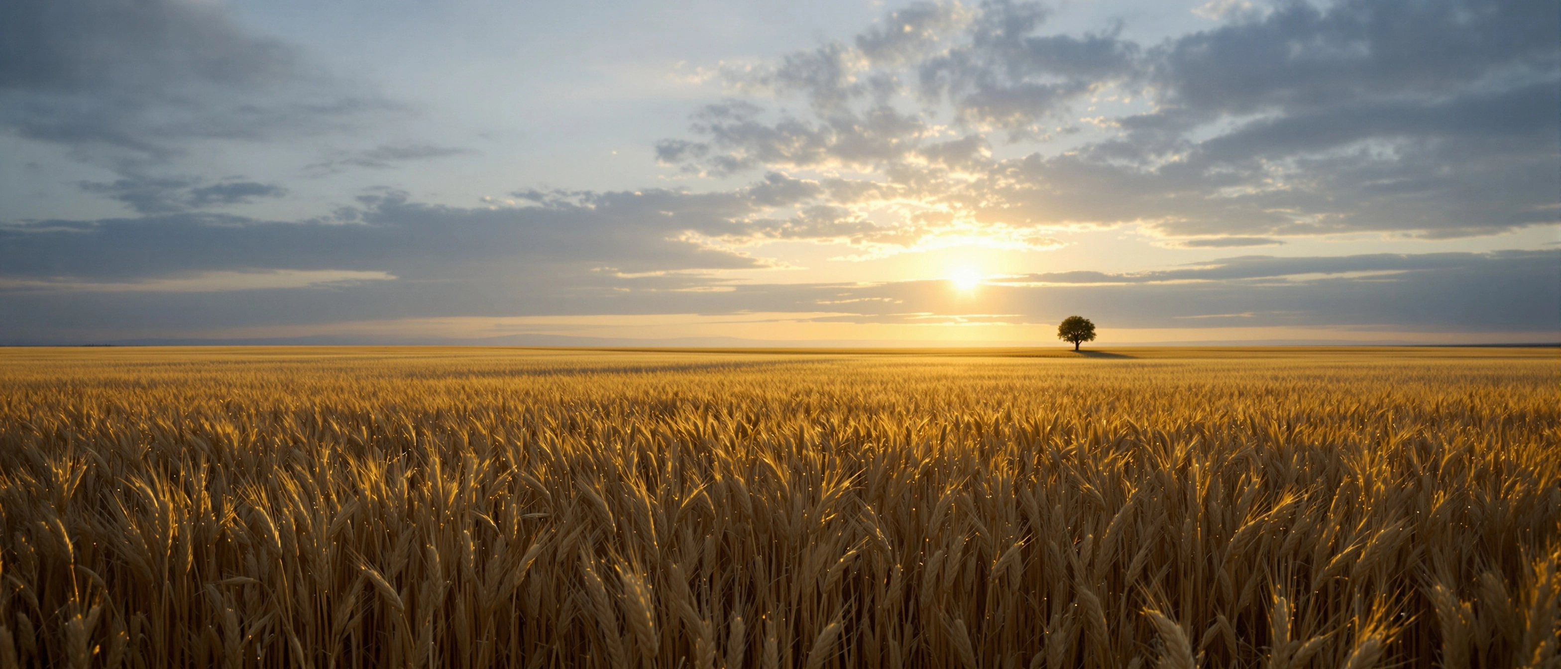 Panoramic wheat field combed by low light, a lone tree anchoring the right horizon beside a sinking sun. Backlit grain heads glow honey and bronze against bruised blue clouds streaked with amber. Wide anamorphic feel, deep stillness, Kodak Portra warmth in the highlights.