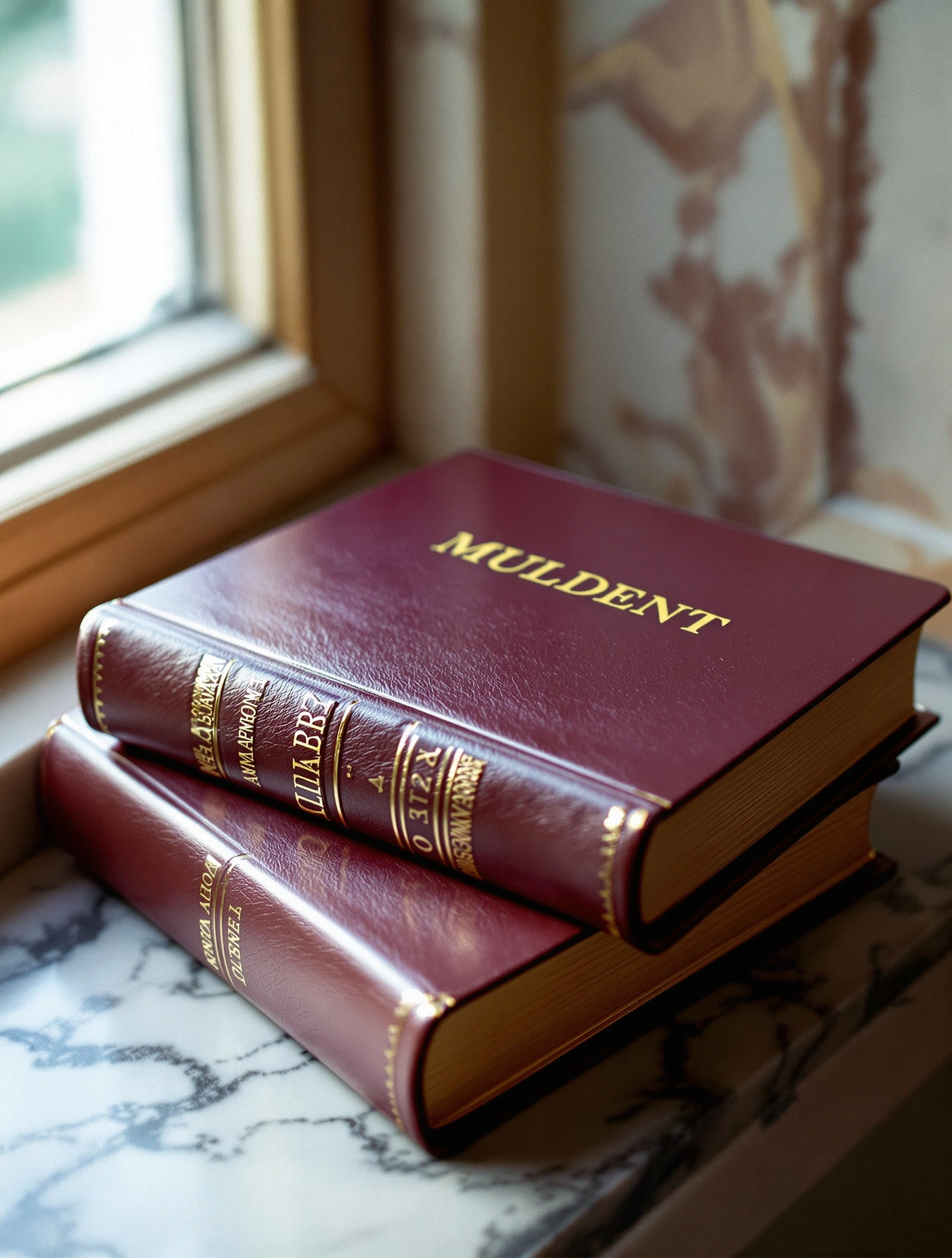 Two mulberry leather volumes with gilded spines stacked on a veined marble sill, the top cover embossed in faded gold. Diffused afternoon light from a left-side window grazes the leather grain, while rosy marbled wallpaper warms the background. Tight medium-format crop, shallow depth, library hush.