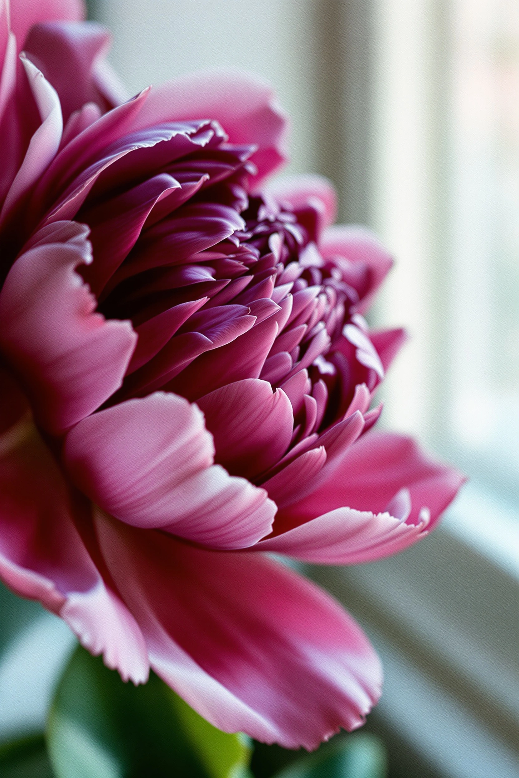 Close profile of a peony in full bloom, inner petals dense plum and magenta, outer edges blushing to dusty rose with almost translucent tips. Soft window light from the right melts into a pale, out-of-focus interior, revealing fine veining on each curling petal. 85mm portrait depth, Portra-like skin tones translated into floral form.
