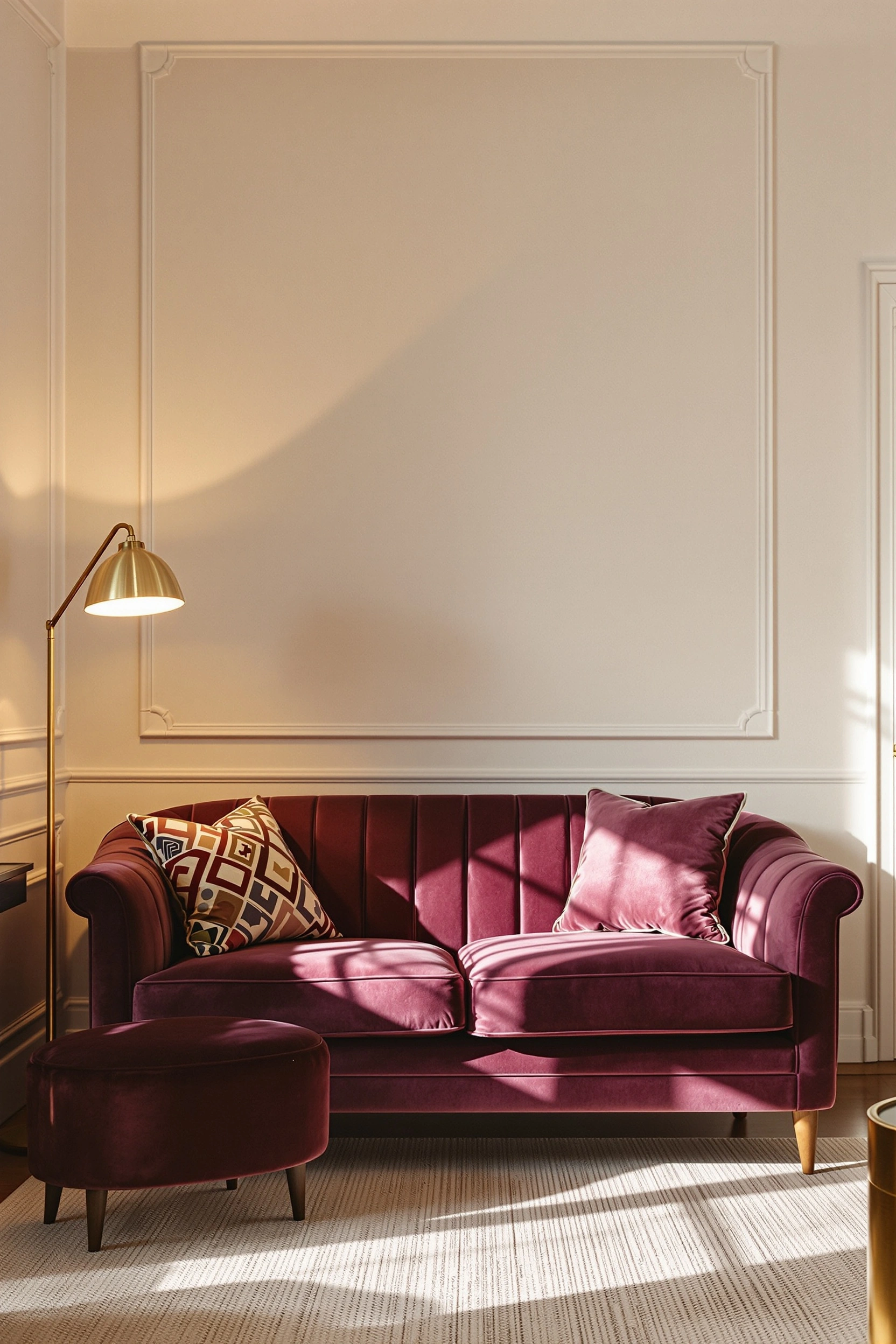 A channel-tufted plum velvet sofa flanked by a matching footstool anchors an ivory-paneled room, a brass arc lamp casting tungsten glow from the left. A geometric cushion and rose-pink pillow add texture, the walls quietly molded in classical wainscoting. Editorial interior, symmetrical staging, warm low-key film palette.