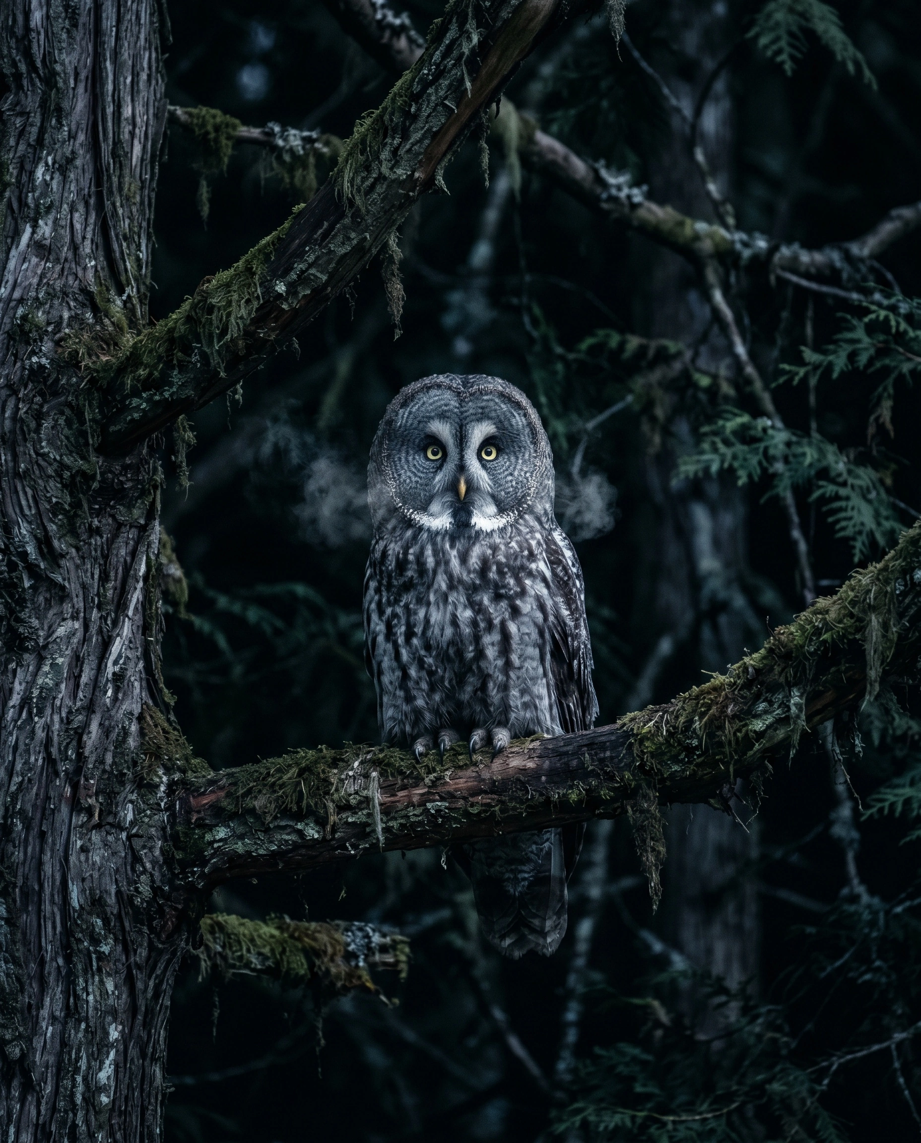 A great grey owl perches centered on a moss-furred cedar branch, faint breath ghosting from its hooked beak as yellow eyes lock on the viewer. Old-growth conifers fall away into deep teal shadow, mossy limbs framing the bird like a cathedral arch. Cool moody twilight, fairytale wildlife portrait.