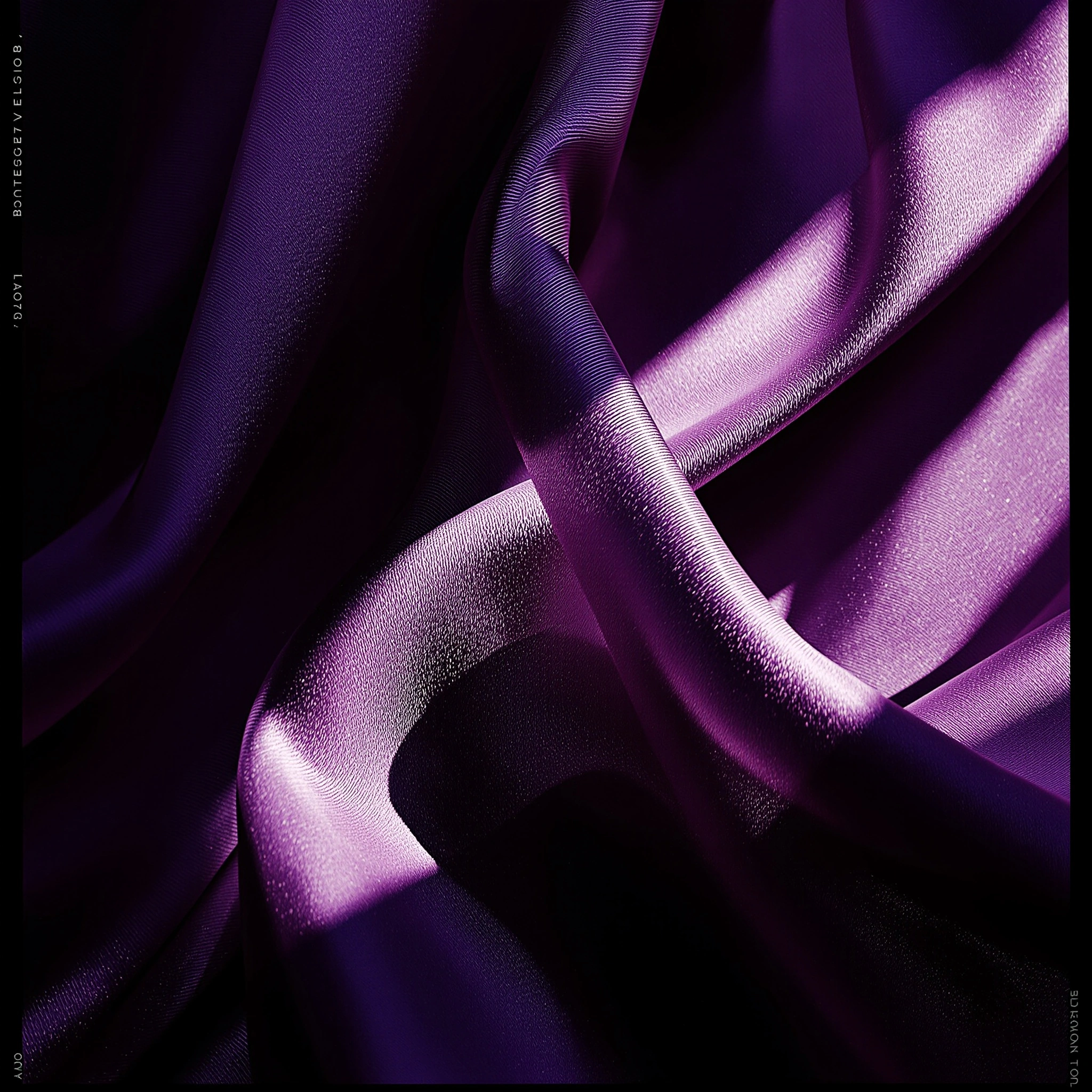 Heavy violet silk gathers into deep sculptural folds, raking side light grazing the weave so highlights flare into shimmering lavender ribbons while valleys collapse to near-black aubergine. Visible warp threads add coarse texture against the satin sheen. Macro fashion-still rendering, jewel-tone richness, baroque drama.