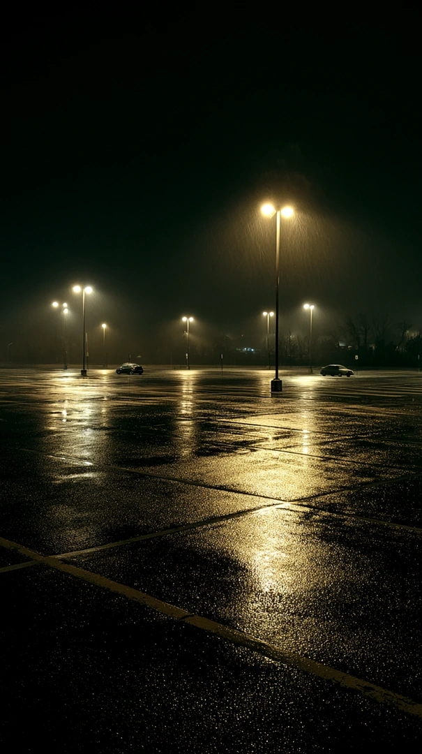 A nearly deserted parking lot at 2am, wet asphalt mirroring rows of sodium-vapor lamps into long amber streaks. Two distant cars glint at the far edge, light rain blurs the air, painted lane lines bleed yellow across reflections. Gregory Crewdson nocturnal mood, deep aubergine sky, anamorphic loneliness.